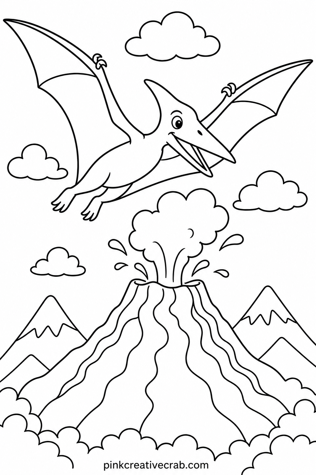 Pterodactyl Soaring Over A Volcano printable page — This one pairs naturally with the T Rex page, giving a child a ground and sky dinosaur scene to line up