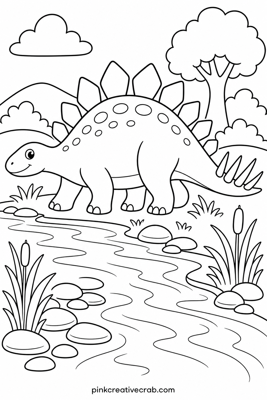 Stegosaurus Walking By A River printable page — A stegosaurus with its row of back plates and spiked tail walks along a riverbank lined with tall reeds and