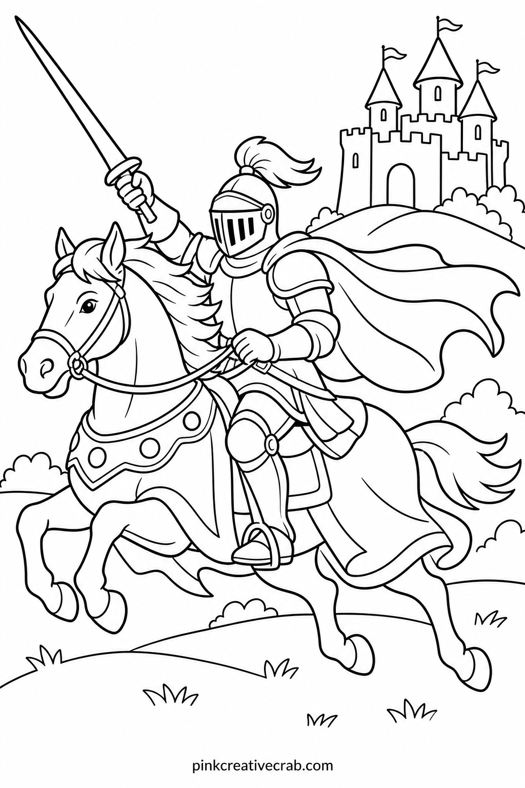 Knight On A Galloping Horse printable page — Start with the horse's body before the knight's armor, since the larger shape anchors the page and makes it easier
