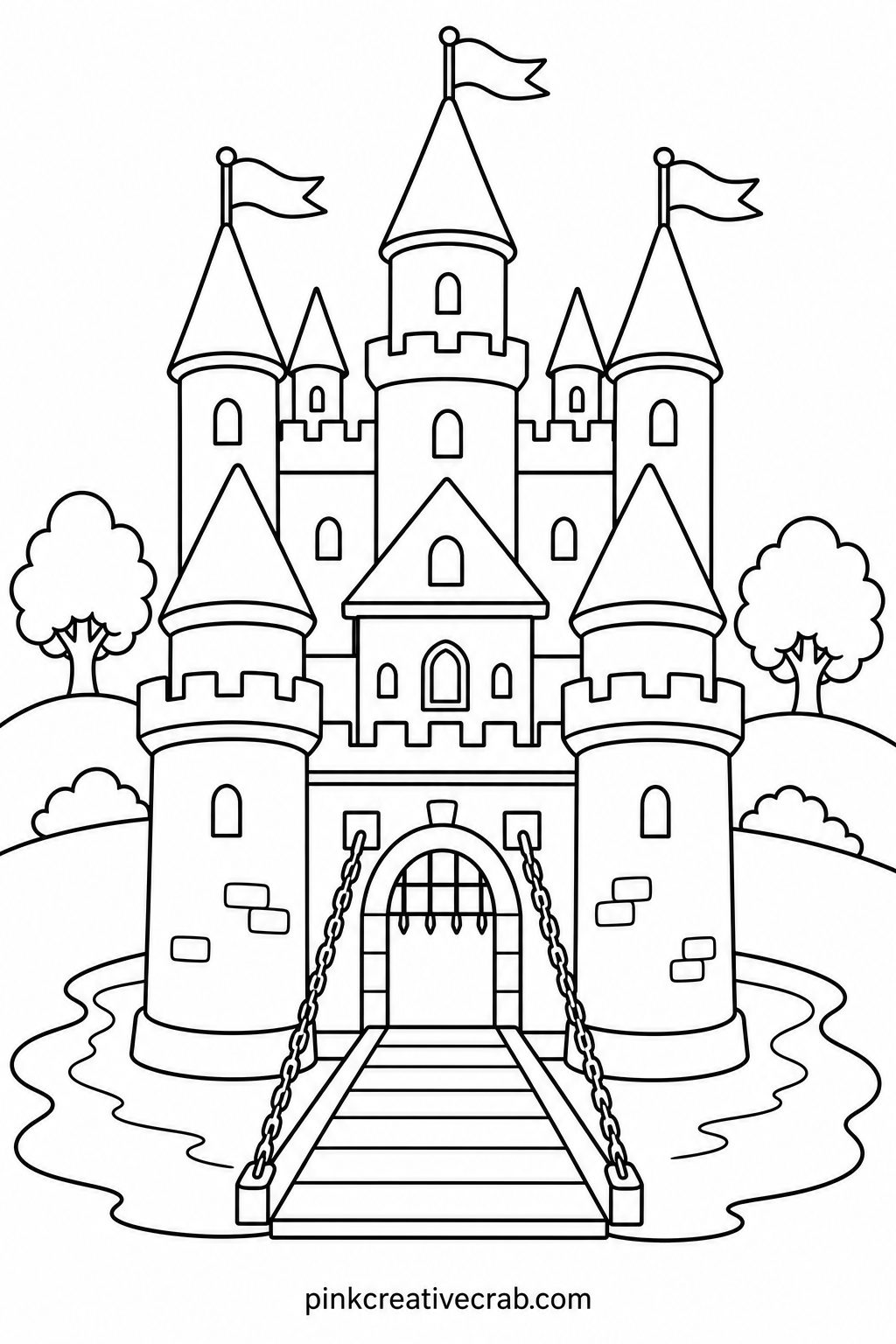 Castle With Tall Towers printable page — Older kids often want to add their own flags or windows to this one, so leave a few blank stones near the towers