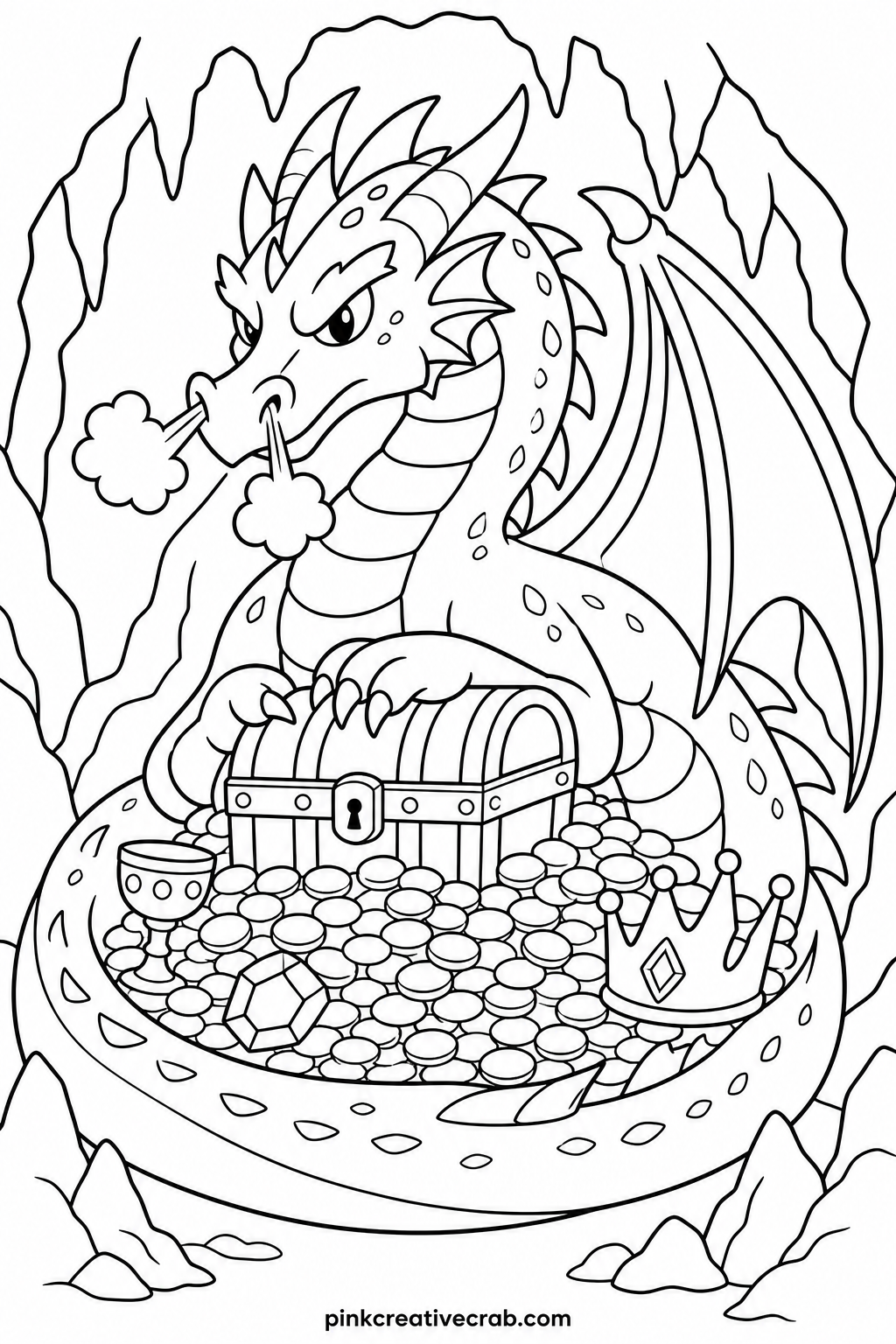 Dragon Guarding Its Treasure printable page — A coiled dragon with spread wings curls protectively around a pile of coins and a treasure chest at the mouth of
