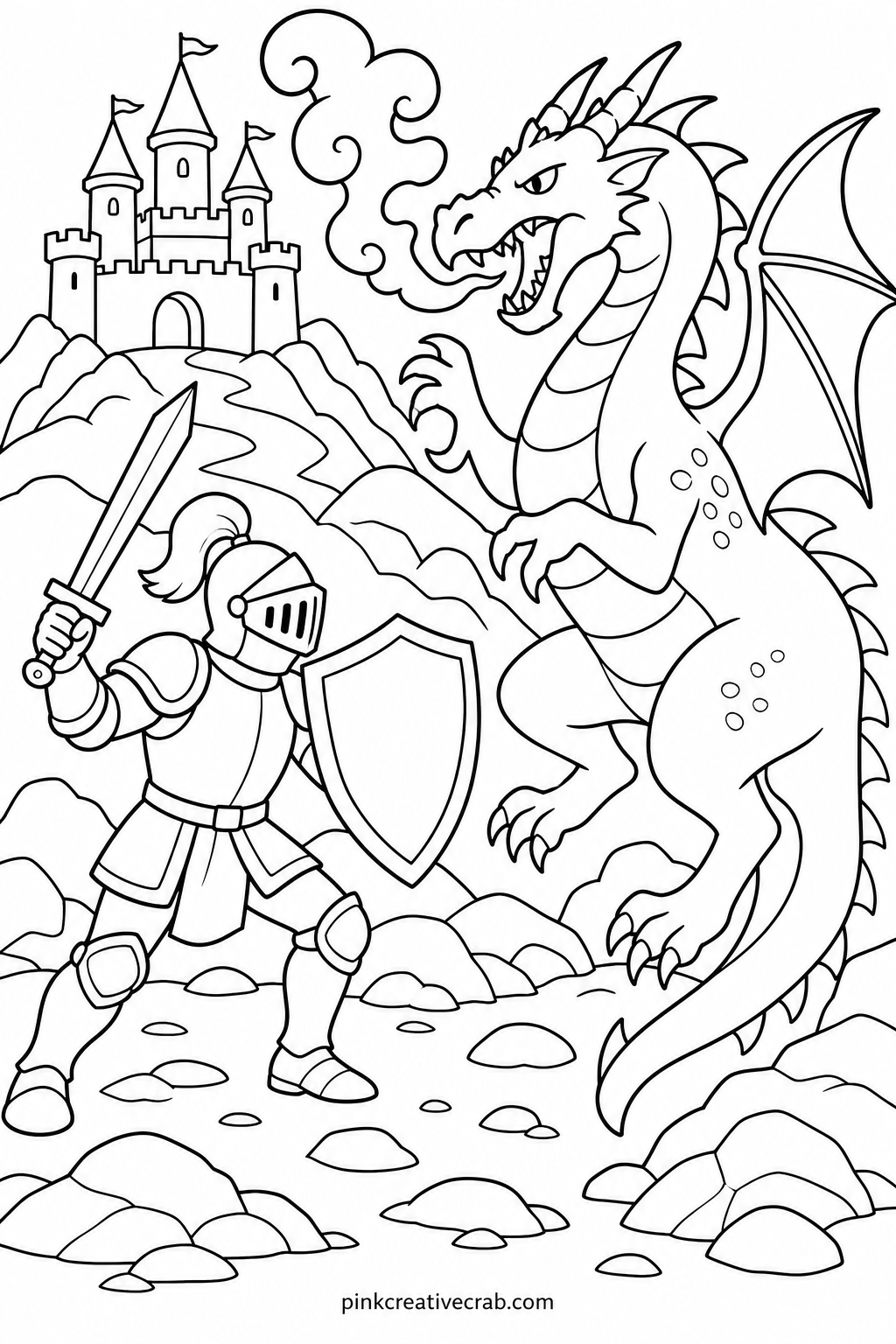 Knight Battling A Dragon printable page — Give this sheet to a child who already finished the castle page, since the two scenes make a natural before and after