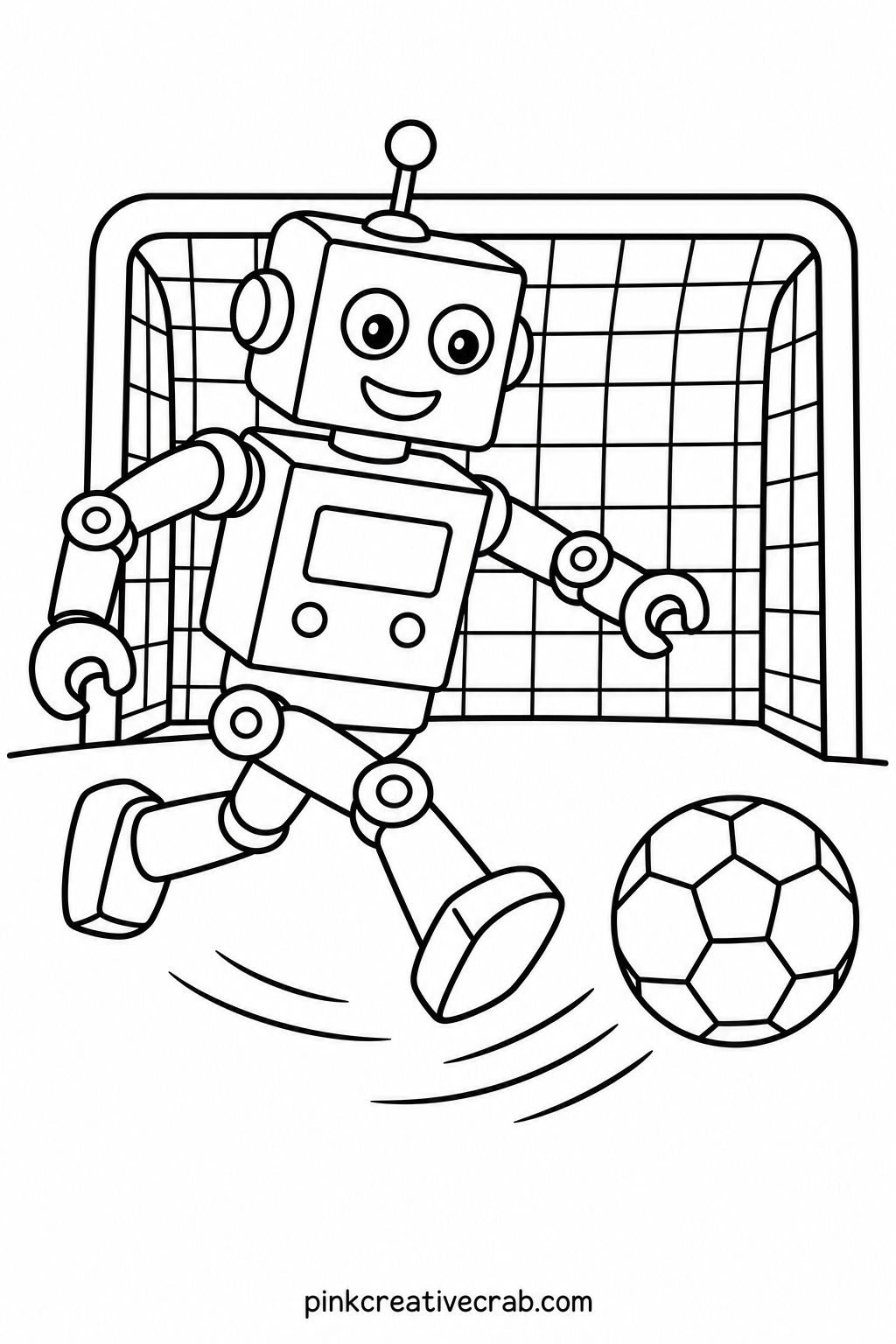 Robot Playing Soccer printable page — A boxy robot mid kick gives a clean two part shape, body and ball, so a five year old can finish the whole page with just