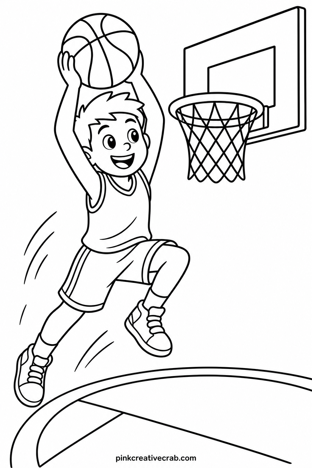 Boy Dunking A Basketball printable page — A boy leaps toward a hoop with the ball raised overhead, sneakers and a basketball net drawn with thick simple lines