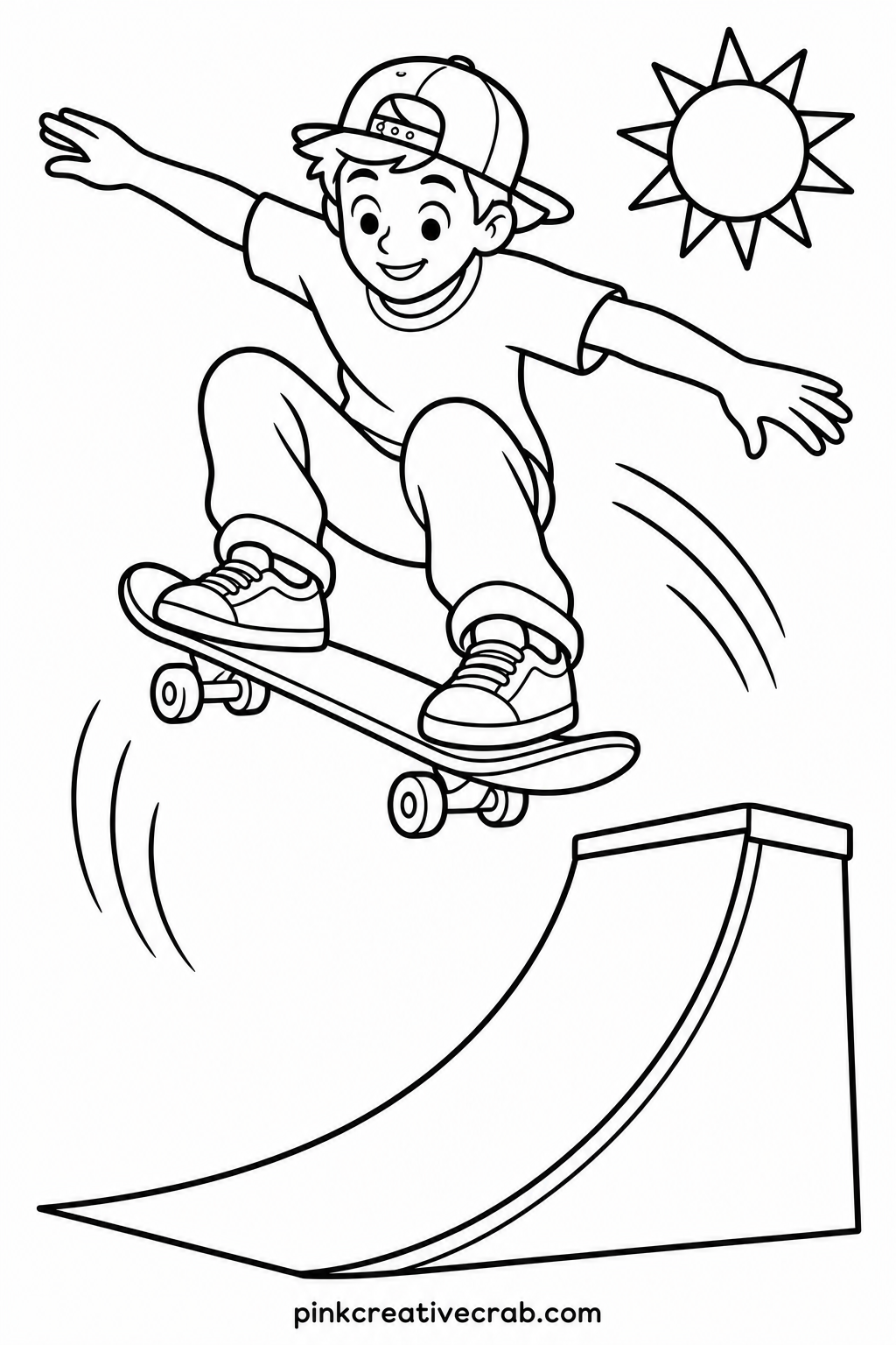 Skateboarder Mid Trick printable page — Thin fine liner suits the wheels and the board grip pattern, while a wide marker handles the shirt and the ramp in a