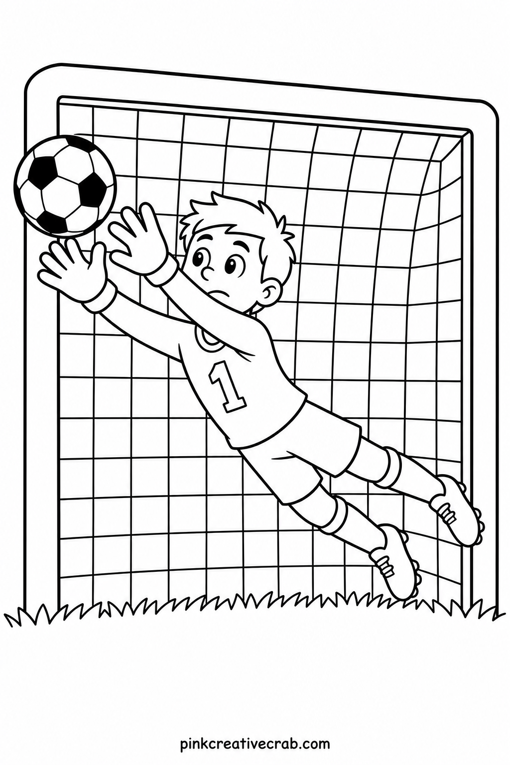 Goalkeeper Blocking A Shot printable page — For a quick activity after school, this sheet works well since the goal posts and net are the only large shapes