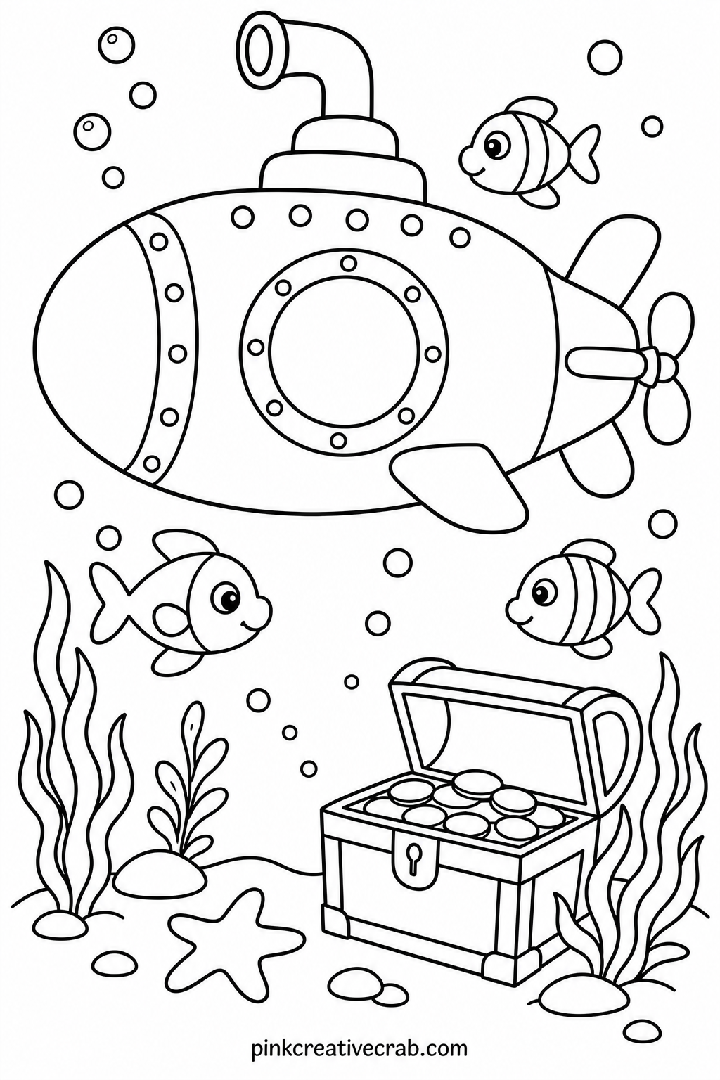 Submarine Exploring The Deep printable page — A round porthole submarine drifts past a school of fish and a sunken treasure chest resting on the seafloor.