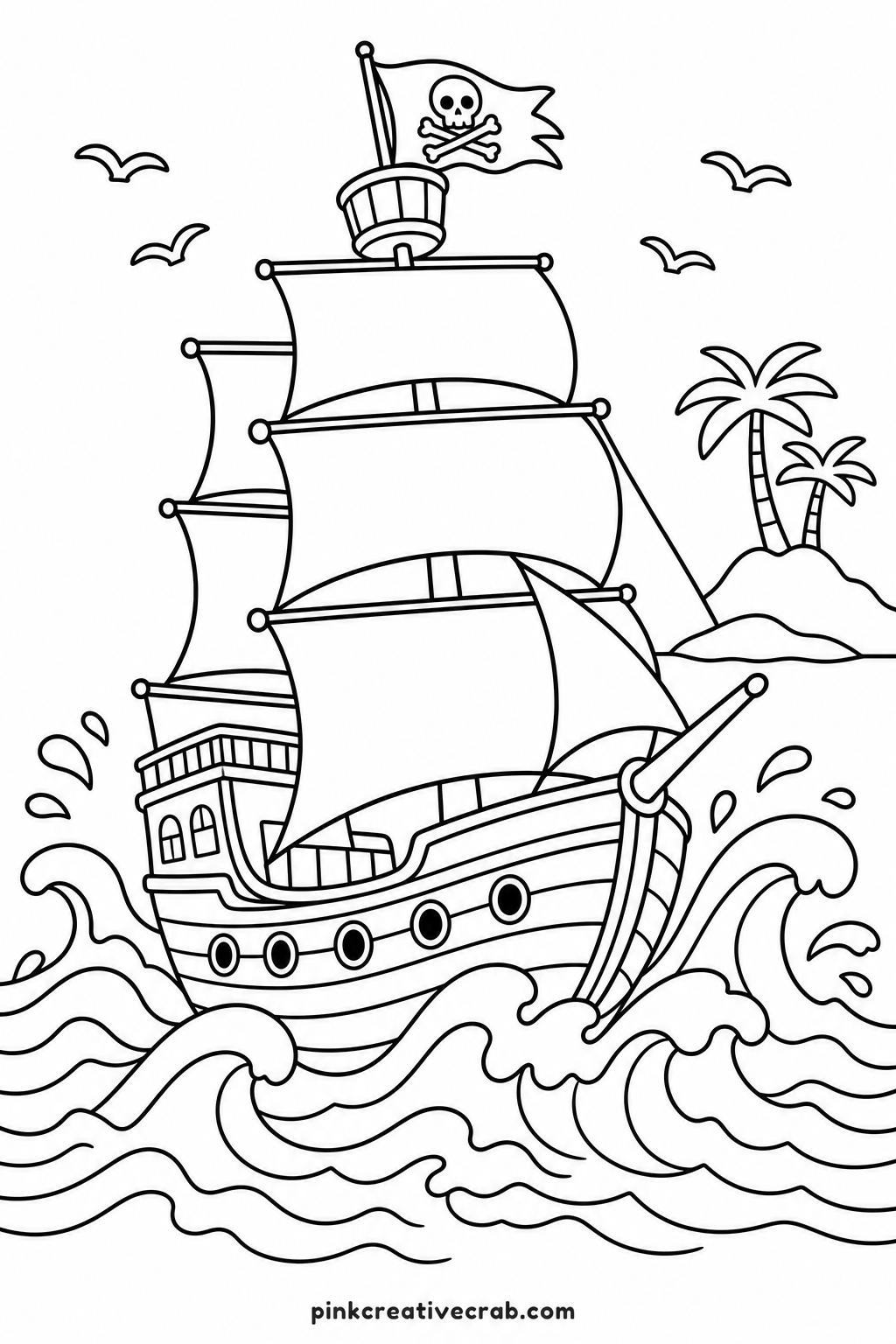 Pirate Ship Sailing Rough Waves printable page — Ask the child what flag the ship should fly and what it is sailing toward before the crayons come out, then