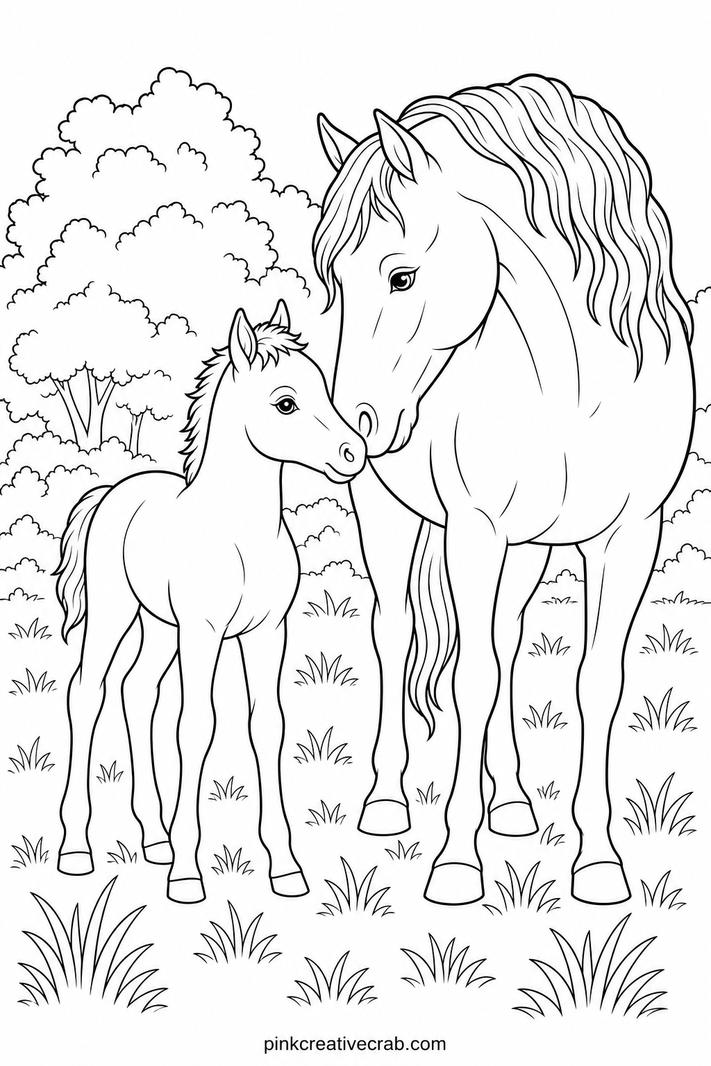 Mare Nuzzling Her Foal printable page — Start with fine-tip markers on the faces here, since that is where the two horses touch noses, and a steady line there