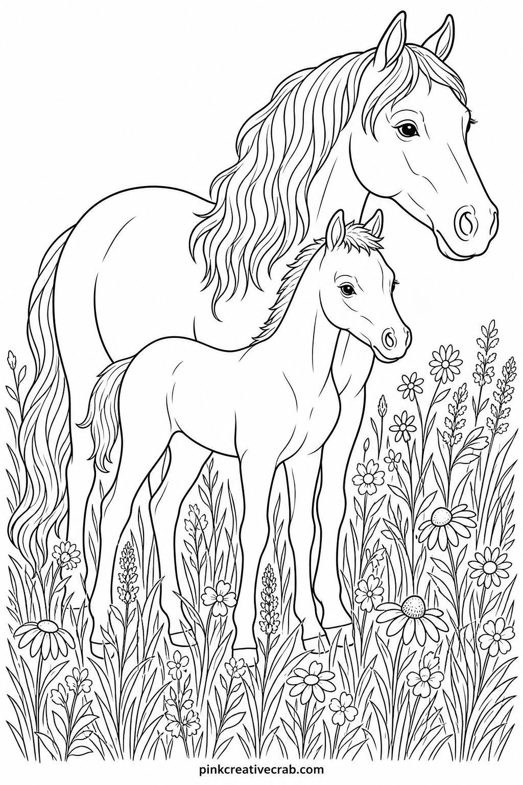 Foal And Mare In Meadow printable page — Young children do well with this page because the shapes are large and the foal stands close against its mother, which