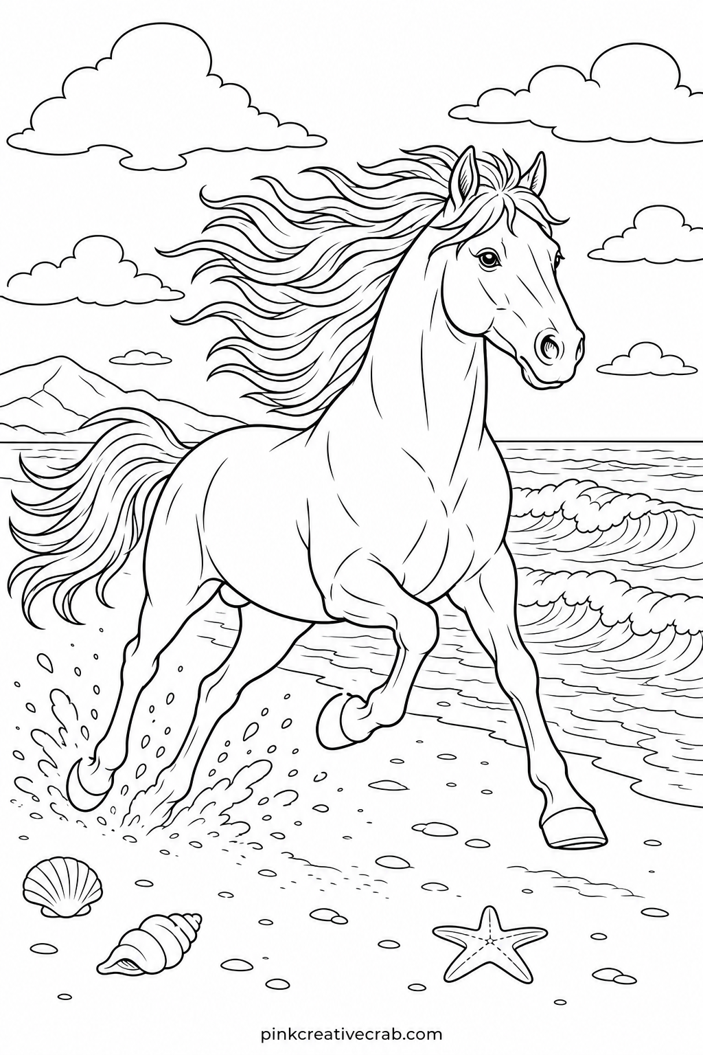 Mustang Running On Beach printable page — Pair this page with the next one, since both show a horse mid-gallop and coloring them side by side lets a child