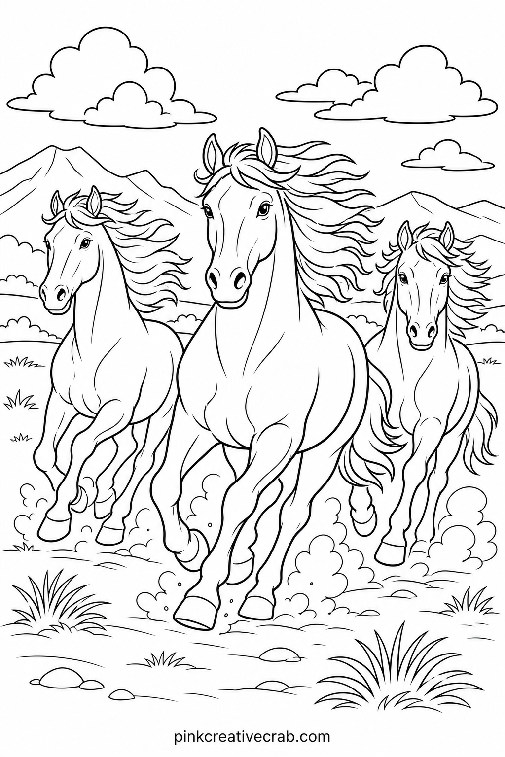 Wild Mustangs Running Free printable page — The usual mistake on this page is coloring every horse the same shade, which flattens the whole scene into one