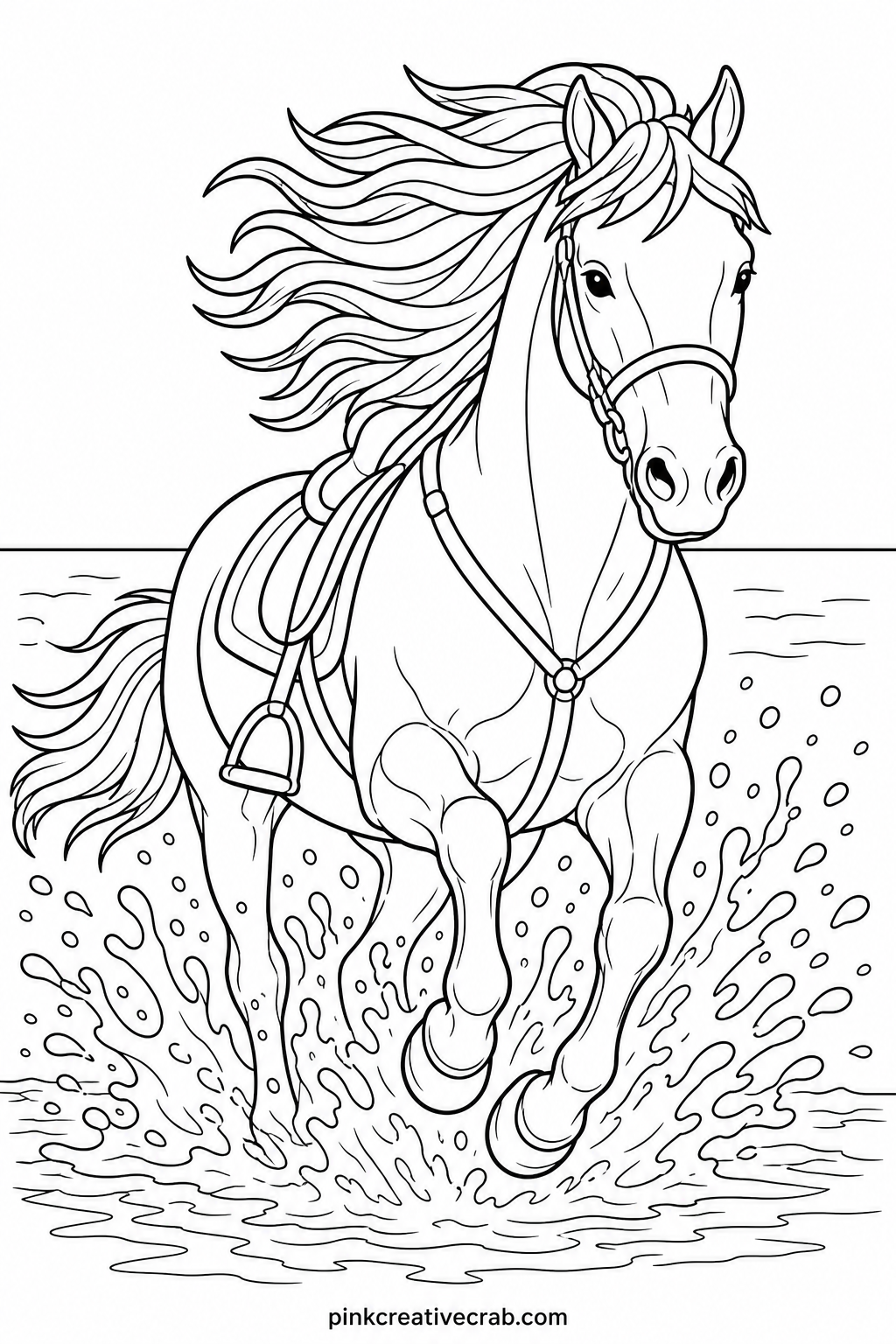 Horse Galloping Through Water printable page — Ten minutes is enough for this one if the goal is just a finished page: block in the horse's body first in one