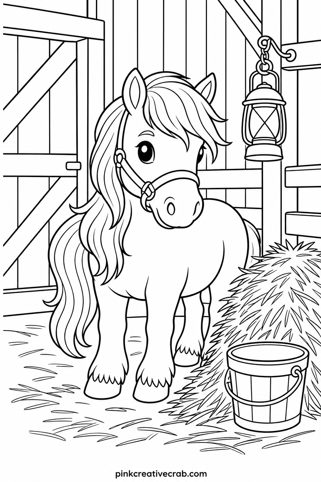 Pony In The Barn With Hay printable page — Colored pencils suit this page better than markers because the hay is made of many thin overlapping lines, and a