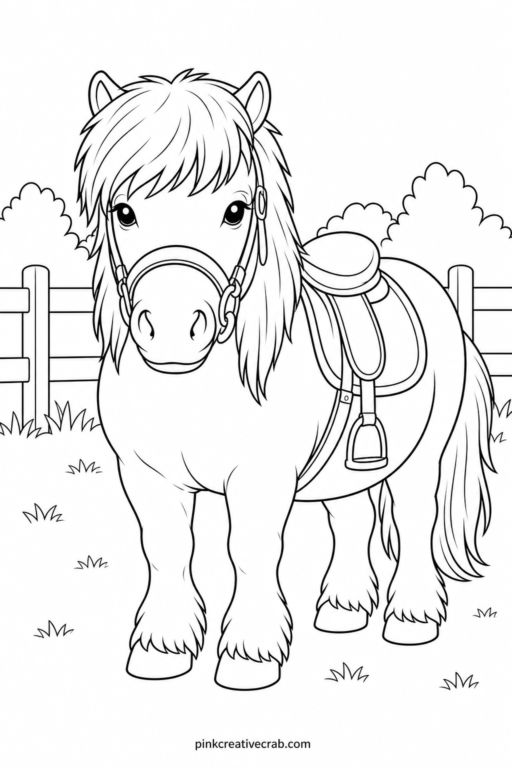 Shetland Pony With Saddle printable page — Ask a child what color they think the saddle should be before they pick up a marker, since naming the choice out