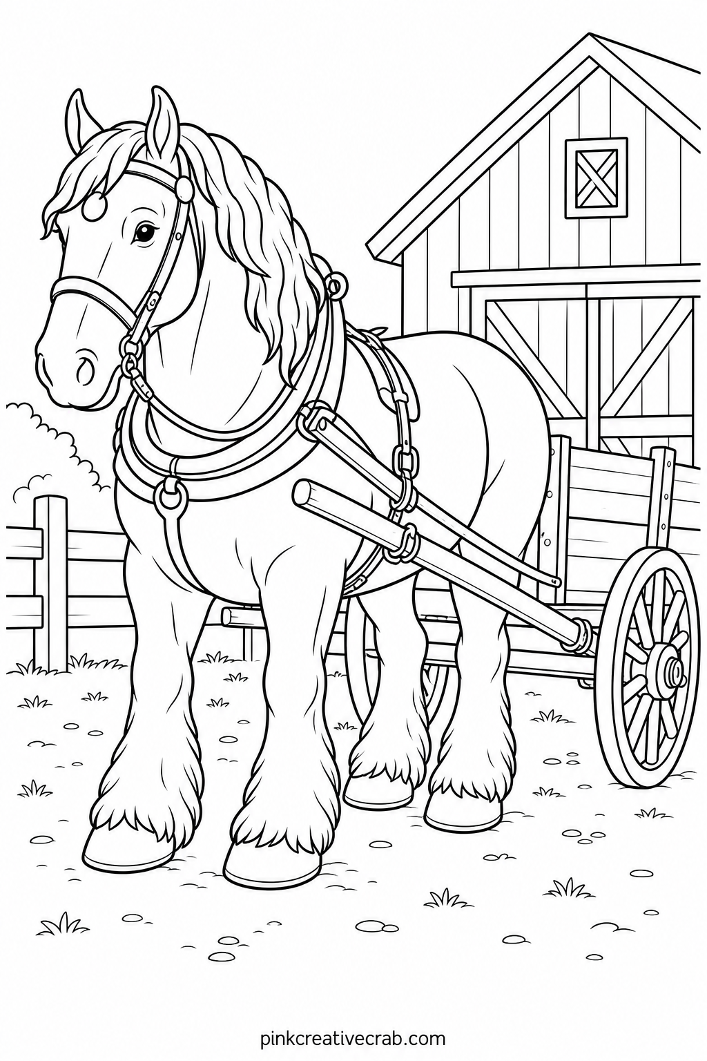 Draft Horse Pulling Cart printable page — Fitting a true draft horse onto one page suits readers who already know their breeds, since the thick legs and broad