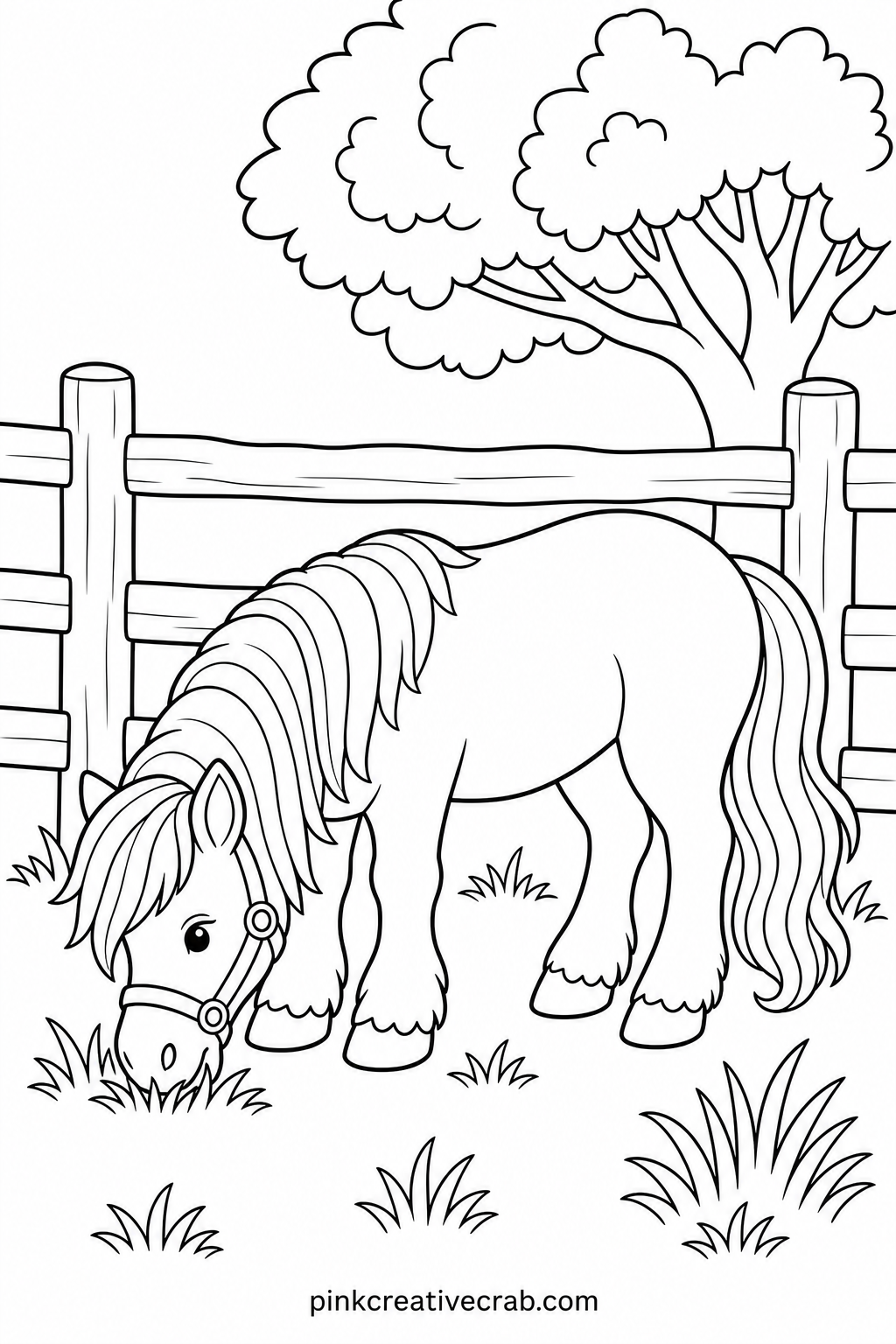 Pony Grazing By Fence printable page — Cut this page out along the fence line once colored and glue it onto plain cardstock to make a quick gift tag for anyone