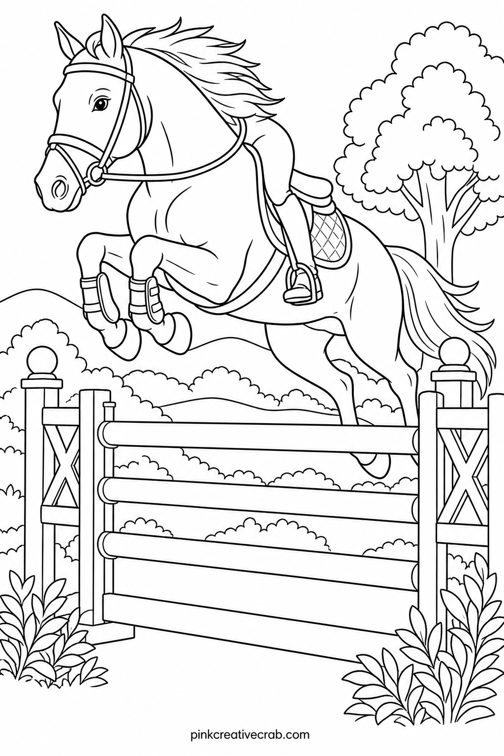 Horse Jumping A Fence printable page — Readers who enjoy horse pencil drawing as well as coloring will recognize this pose, since the arched back and tucked