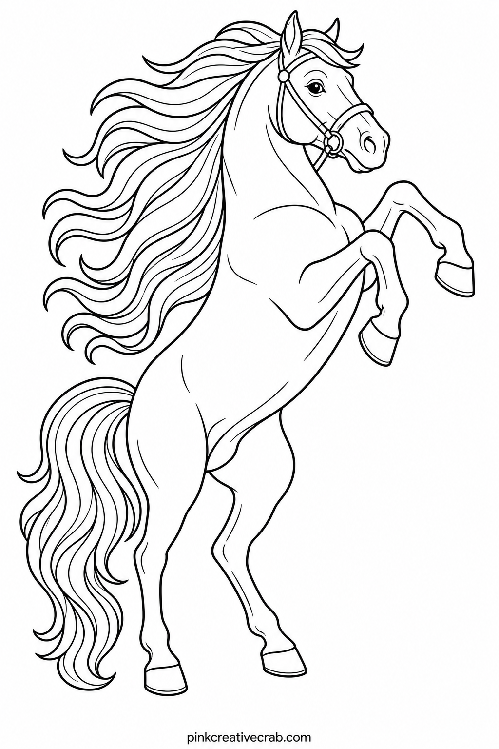 Rearing Stallion printable page — Outline the mane first in black marker before adding any color, because the sweeping curves of a rearing horse's mane are