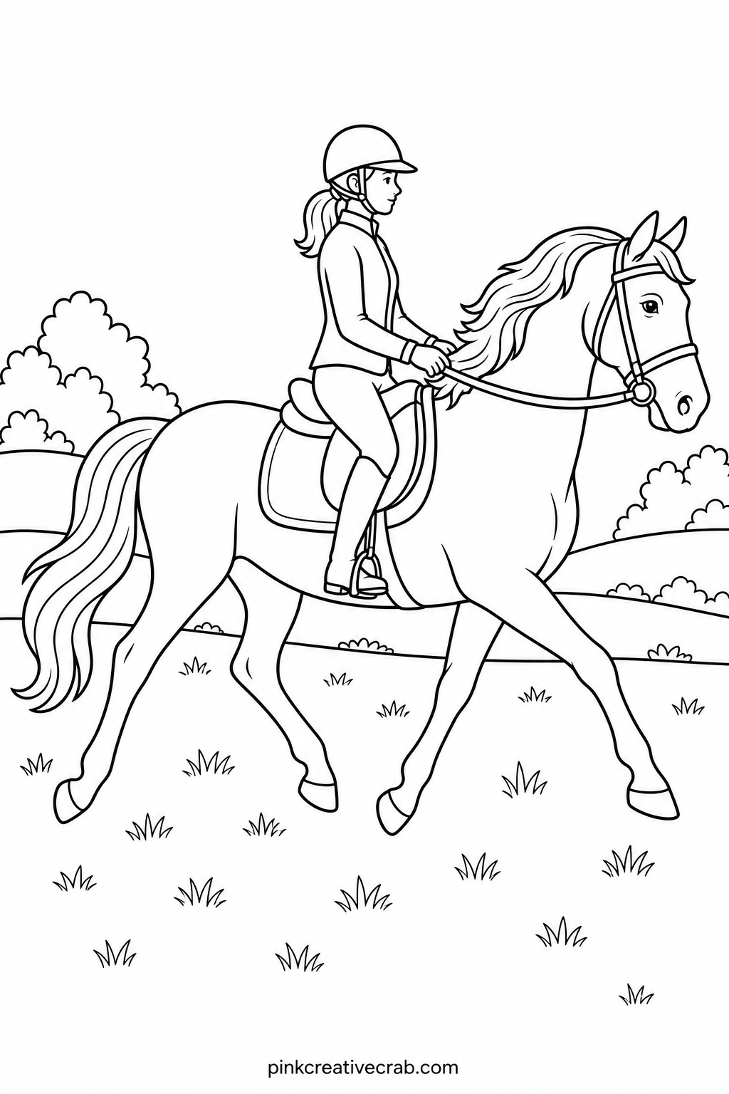 Horse And Rider Trotting printable page — A horse moving at a trot with a rider in the saddle suits anyone who wants a complete scene rather than just the