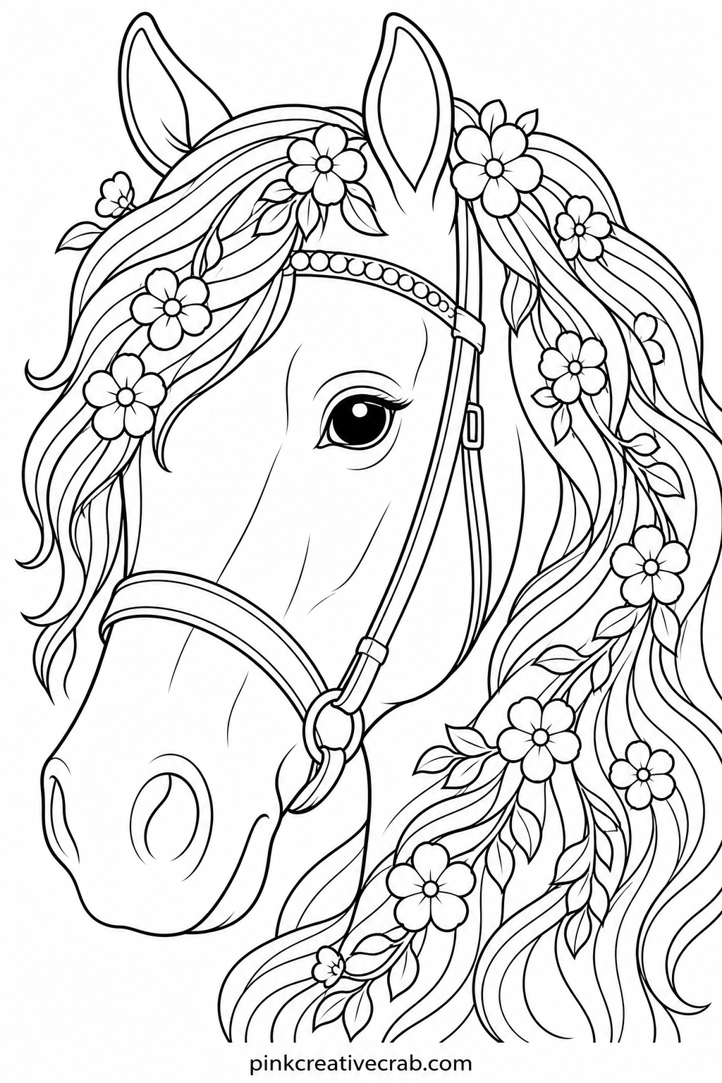 Horse Head Close-Up With Flowers printable page — This close-up portrait, with small flowers tucked around the mane, works well glued to the front of a folded