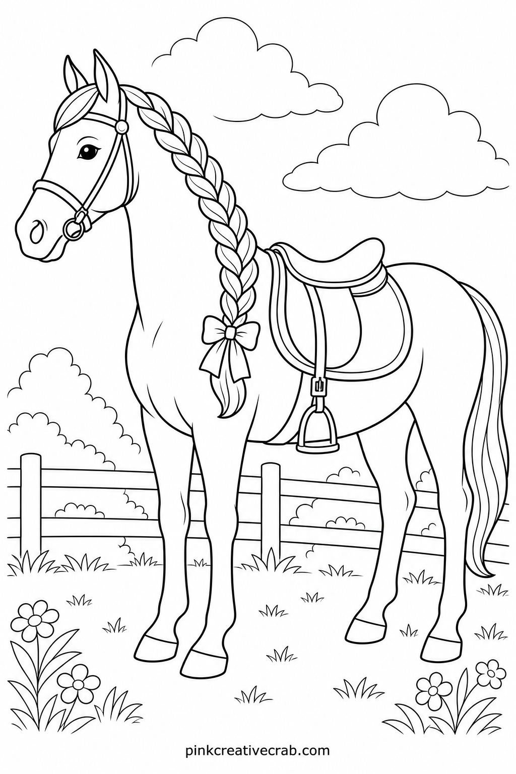 Horse With Braided Mane printable page — Fine liner pens suit the braid pattern on this page best, since each small section of woven mane needs a clean line to