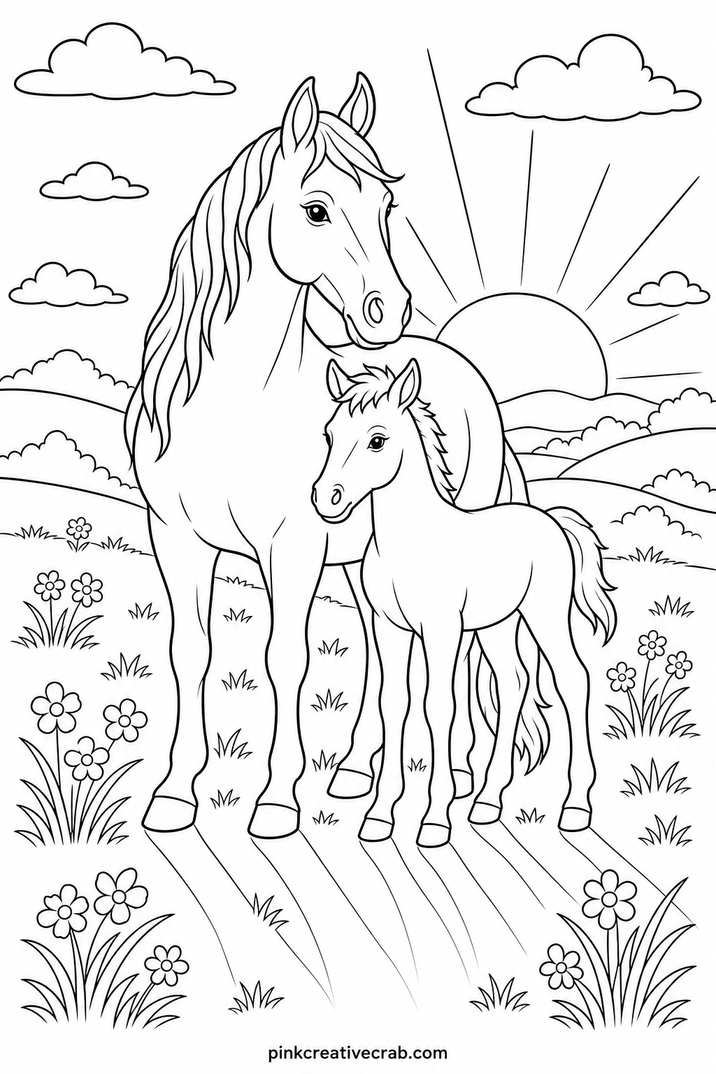 Horse Family In Meadow At Sunset printable page — Blend warm oranges and pinks across the sky behind this scene using light, overlapping strokes, building the