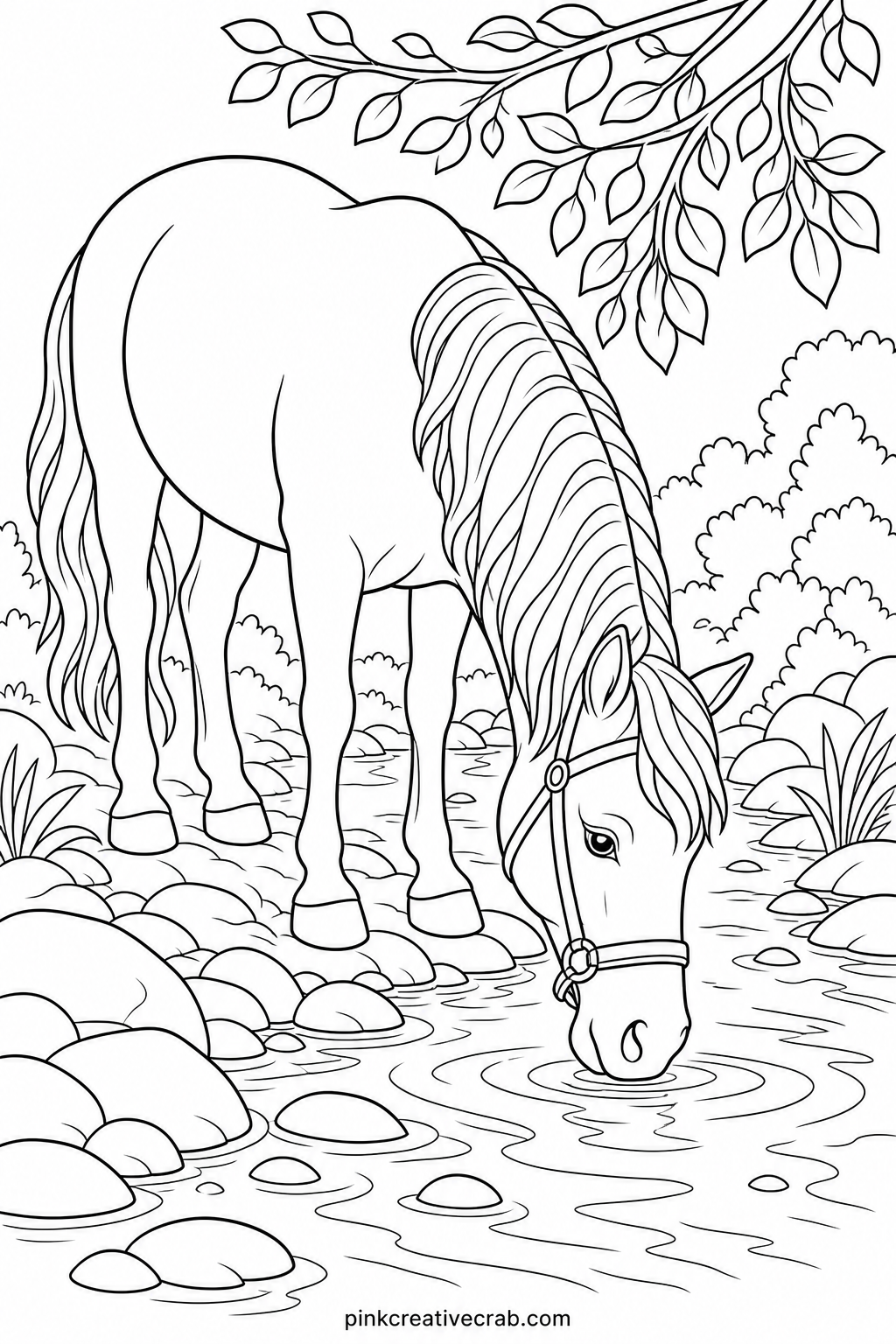 Horse Drinking From Stream printable page — Pair this quiet page with the sunset meadow scene before it, since both move at a slow, calm pace and work well