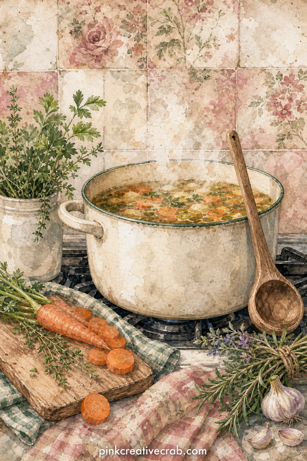 Soup Pot and Ladle Page printable page — Glue a small fabric pocket to the left side of this page, cut from scrap gingham or linen, and tuck the handwritten
