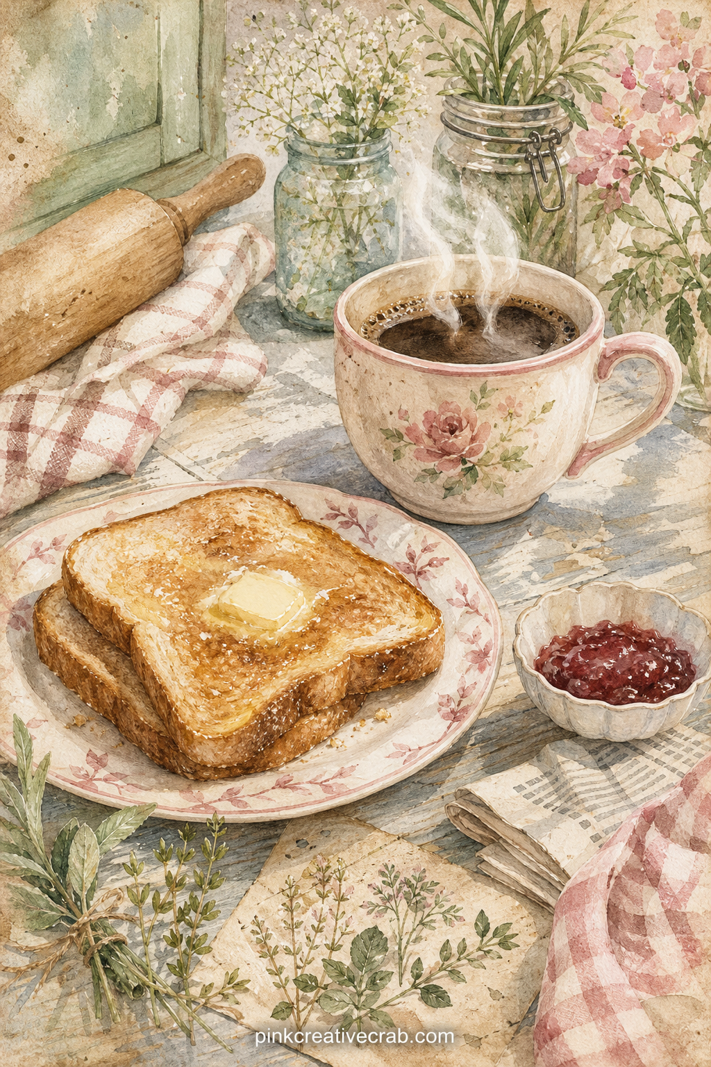 Fresh Coffee and Toast Page printable page — Write a gift list of favorite breakfast foods along the bottom margin of this page, left as a space for someone
