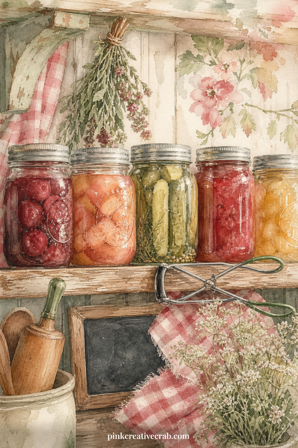 Canning Jars on the Shelf Page printable page — Pair this page with the Mason Jar Pattern background, using a strip of it as a shelf liner drawn along the