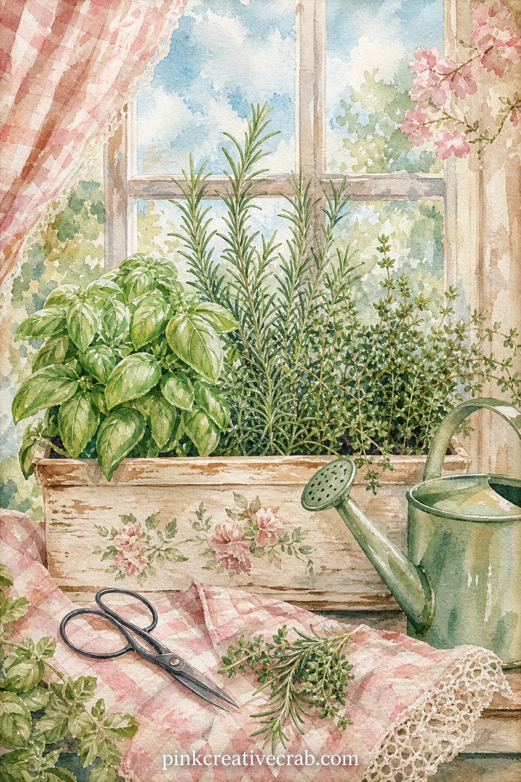 Fresh Herb Window Box Page printable page — Place a small basil leaf or any flat dried herb between two sheets of wax paper before pressing it under books for
