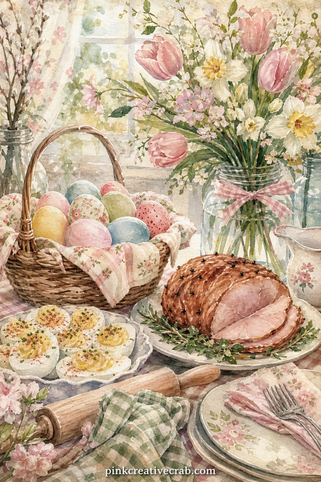 Easter Brunch Table Page printable page — A quick five minute version of this page uses only a basket of colored eggs and a small vase of flowers, skipping the