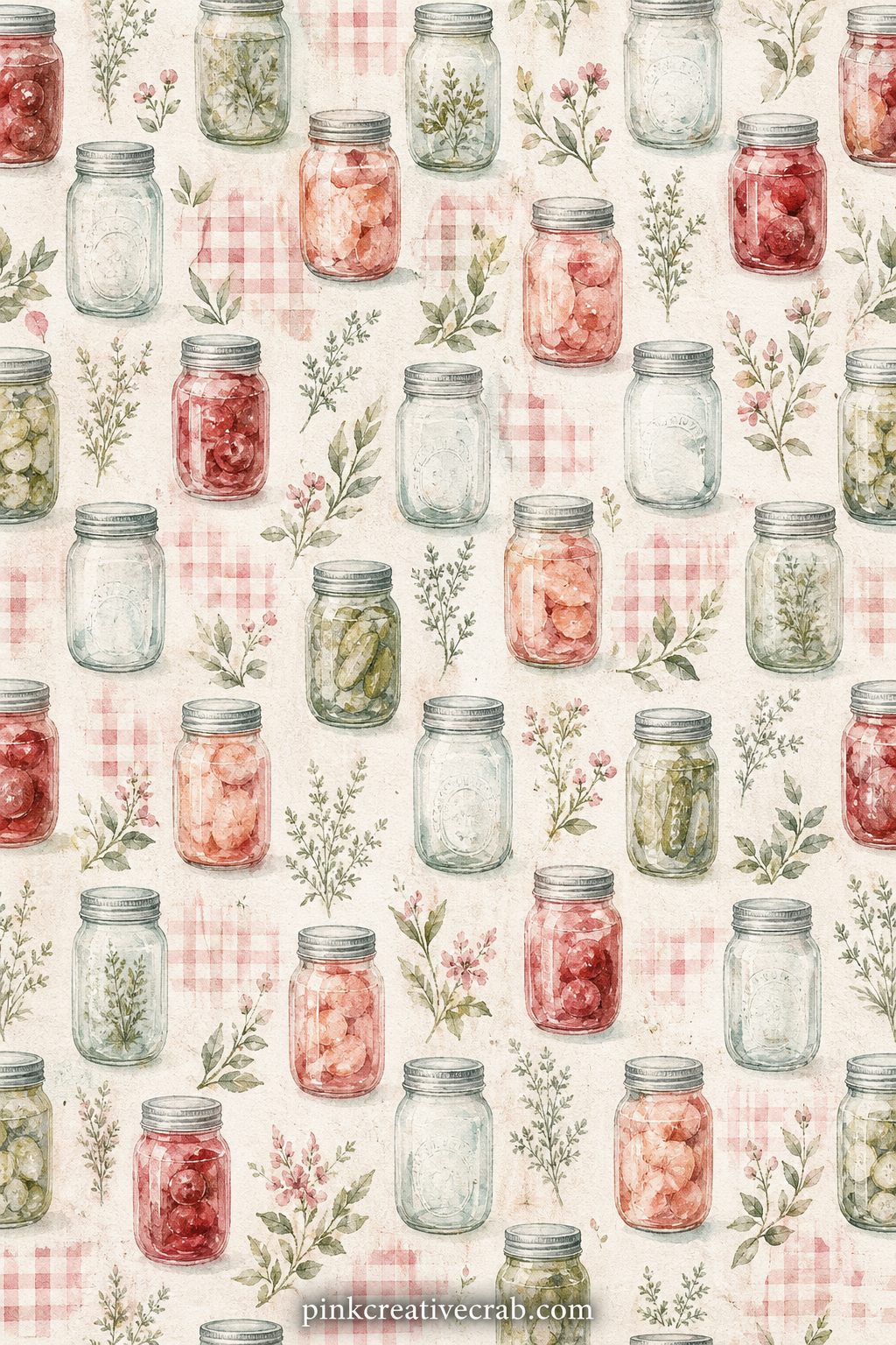 Mason Jar Pattern printable page — Rows of small painted mason jars with lids repeat edge to edge in the kit's dusty rose and sage palette. Cookbook junk