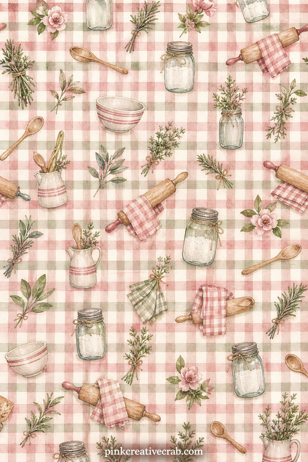 Gingham Kitchen Pattern printable page — A soft woven gingham check in cream and dusty rose covers the sheet corner to corner. Cookbook junk journal