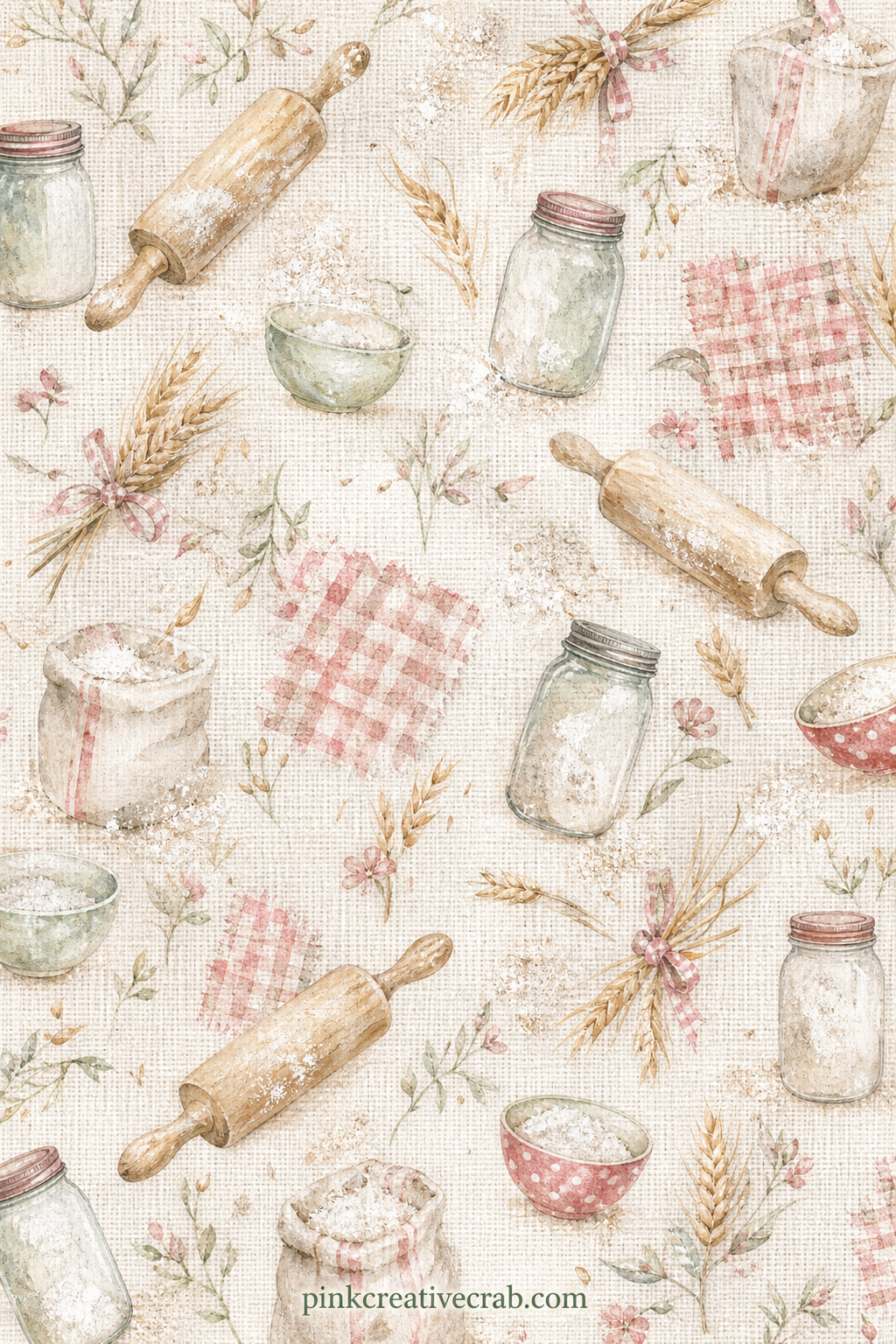 Flour Sack Pattern printable page — A soft linen-weave texture with faint flour dust and a few scattered wheat sprigs repeats across the page. Cookbook junk