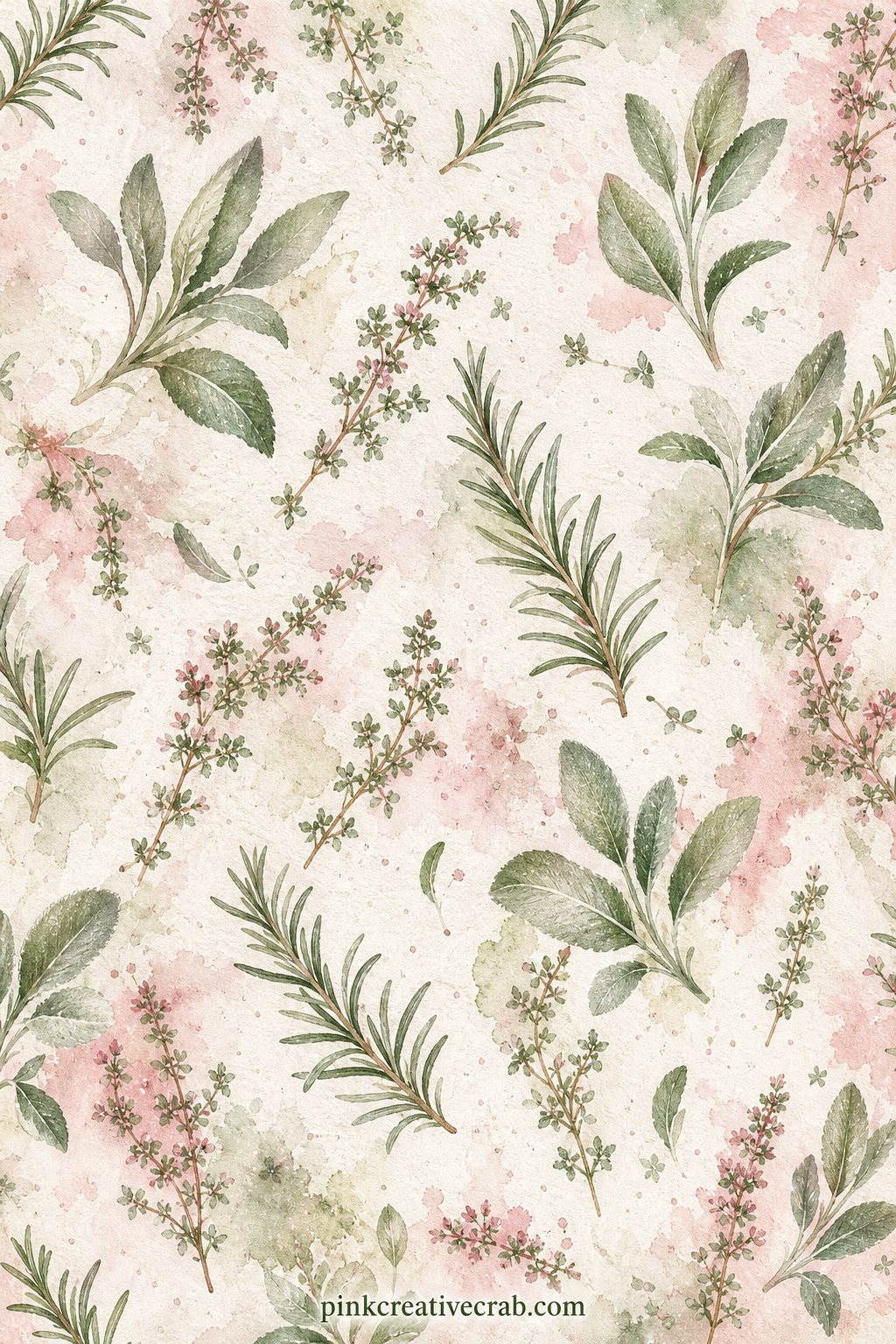 Herb Sprig Pattern printable page — Small sprigs of rosemary, thyme and sage scatter loosely across the page in a repeating pattern. Cookbook junk journal