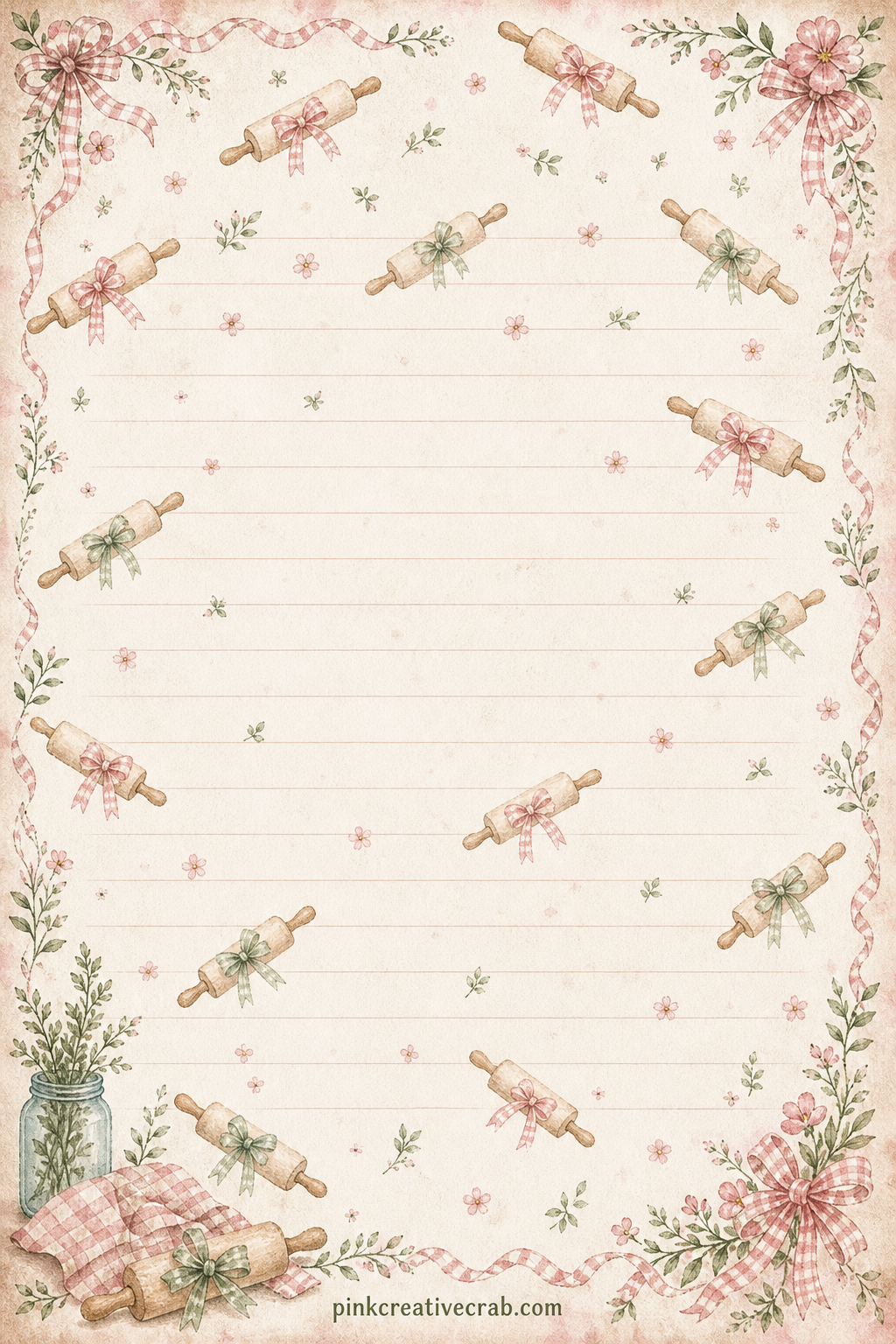 Rolling Pin and Ribbon Pattern printable page — Small rolling pins tied with ribbon repeat in a soft all-over pattern across the sheet. Cookbook junk journal