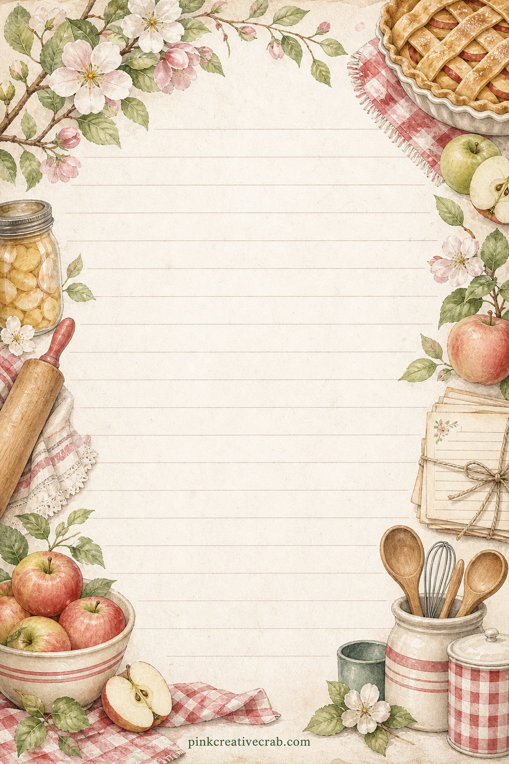 Apple Pie Recipe Lined Page printable page — A corner spray of apple blossoms borders ruled lines in the middle of the page. Cookbook junk journal