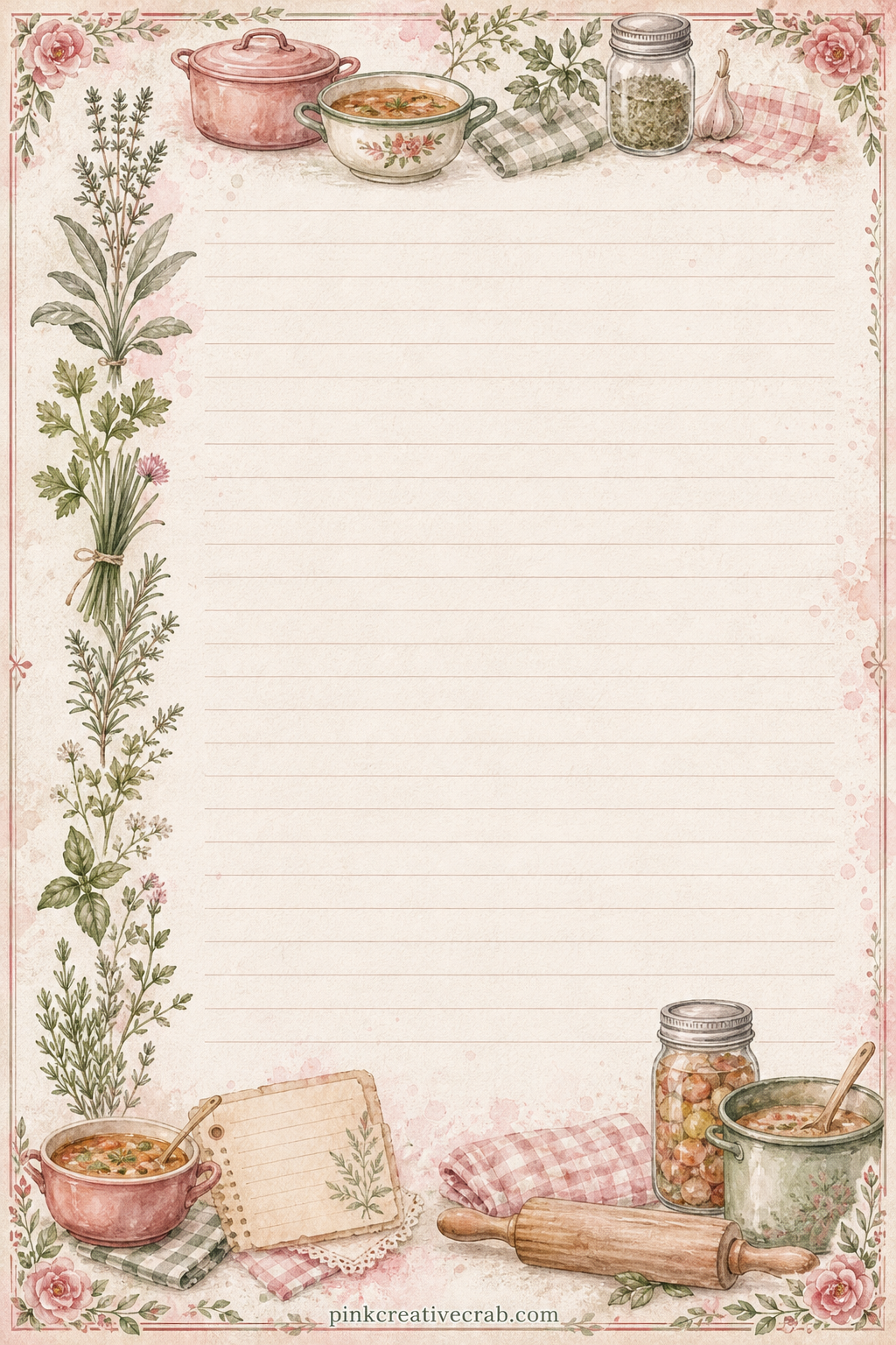Soup and Stew Lined Page printable page — A thin band of herb sprigs runs down the left side of this lined page. Cookbook junk journal