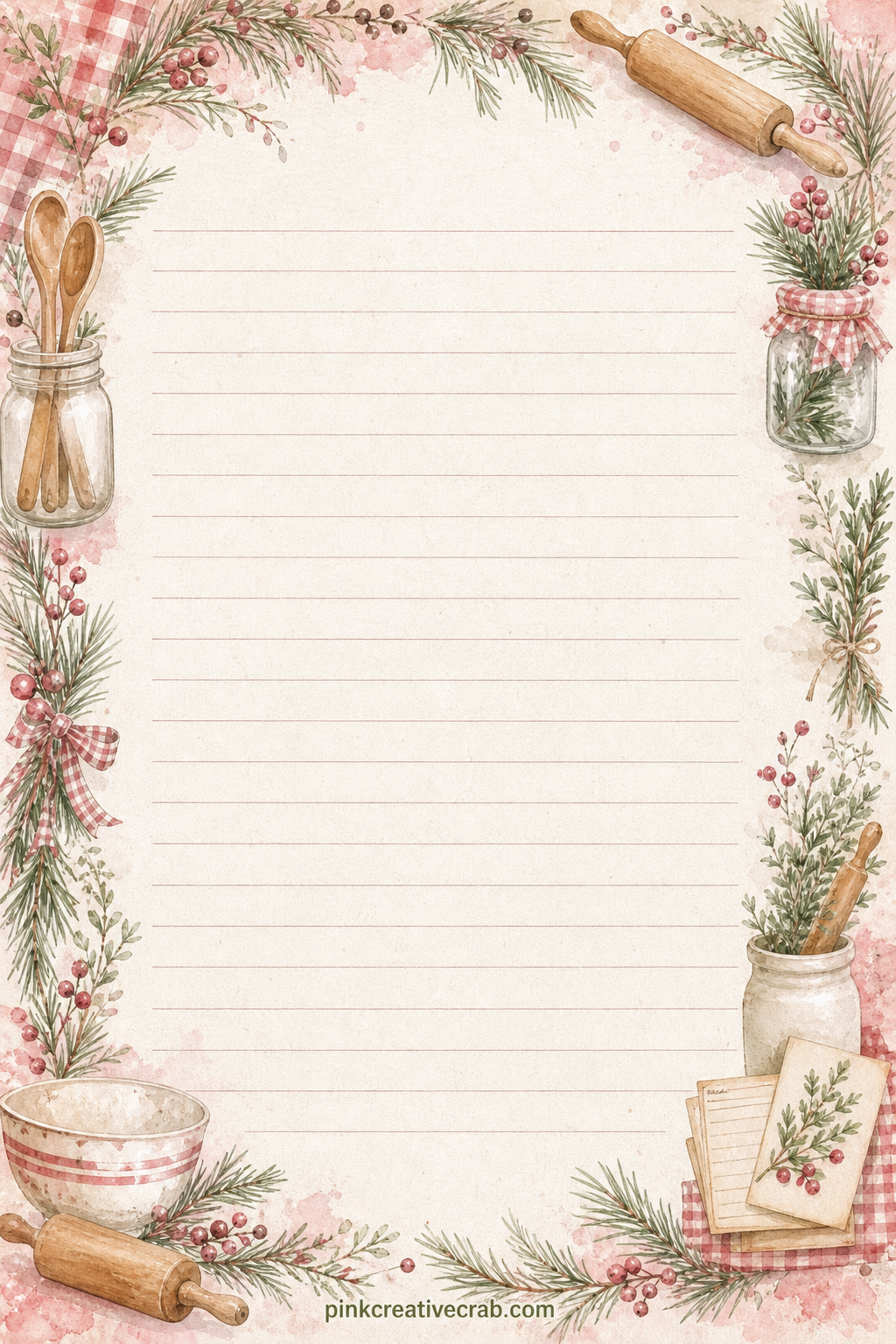 Holiday Menu Lined Page printable page — A frame of tiny pine sprigs and berries borders the ruled lines on this page. Cookbook junk journal