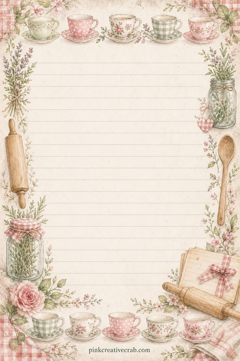 Grandmas Kitchen Lined Page printable page — Delicate teacups and saucers border the top and bottom of this lined page. Cookbook junk journal