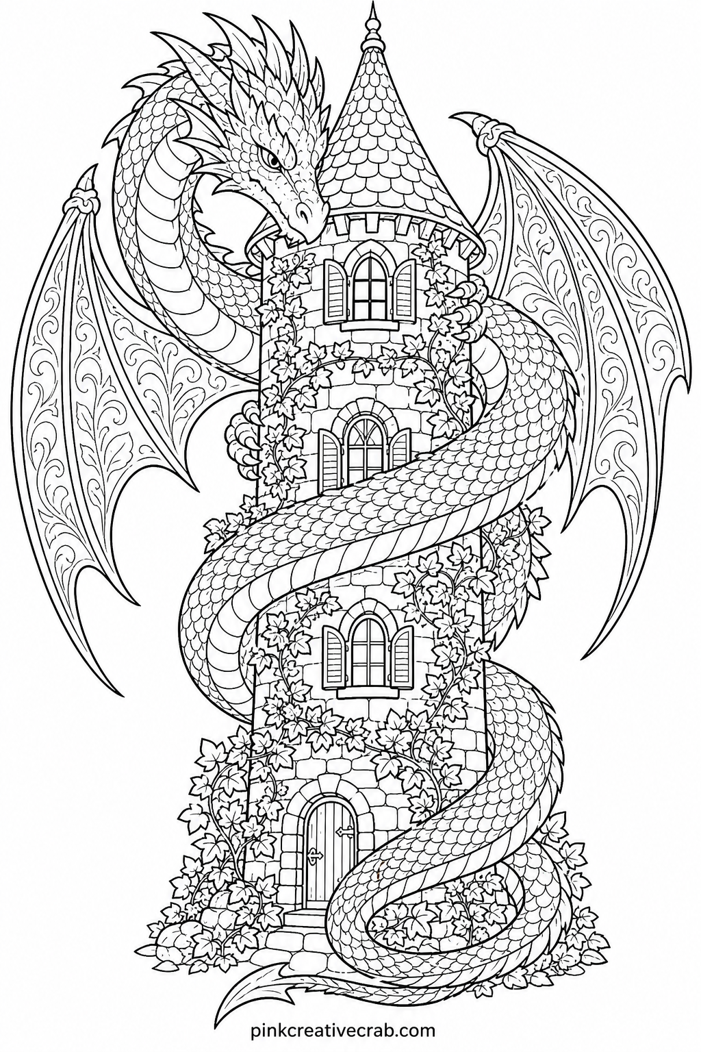 Dragon Curled Around a Tower printable page — Suits a reader who wants one bold focal creature to sink into over a long evening, since the dragon's scales and