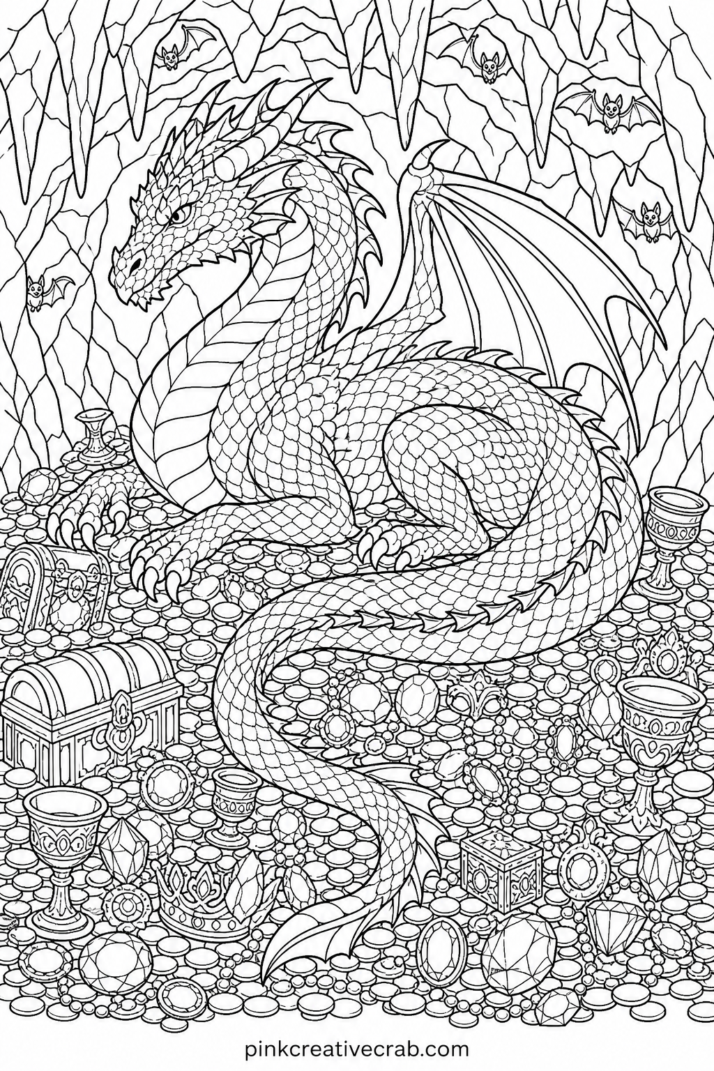 Dragon Hoard in a Cave printable page — Start with a fine liner on the dragon's horns and claws before you touch any pencil, so the hardest edges are already