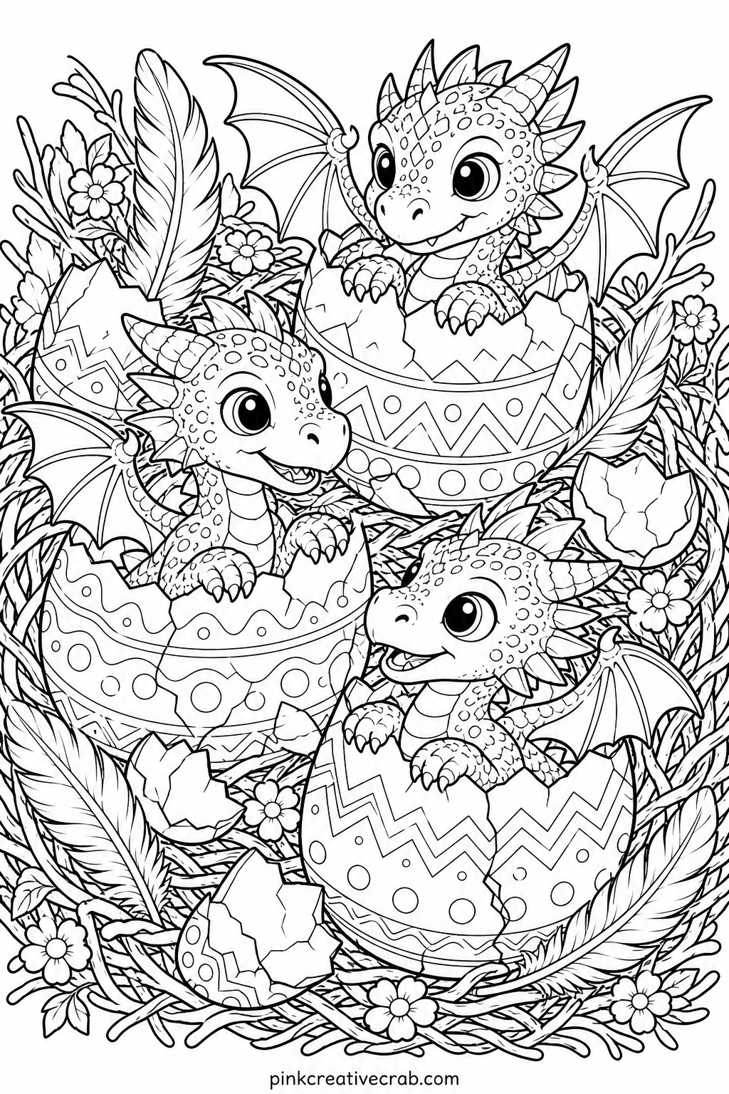 Baby Dragons Hatching printable page — Leaving small triangles of white unfilled across the cracked eggshells gives the whole page a sense of light breaking