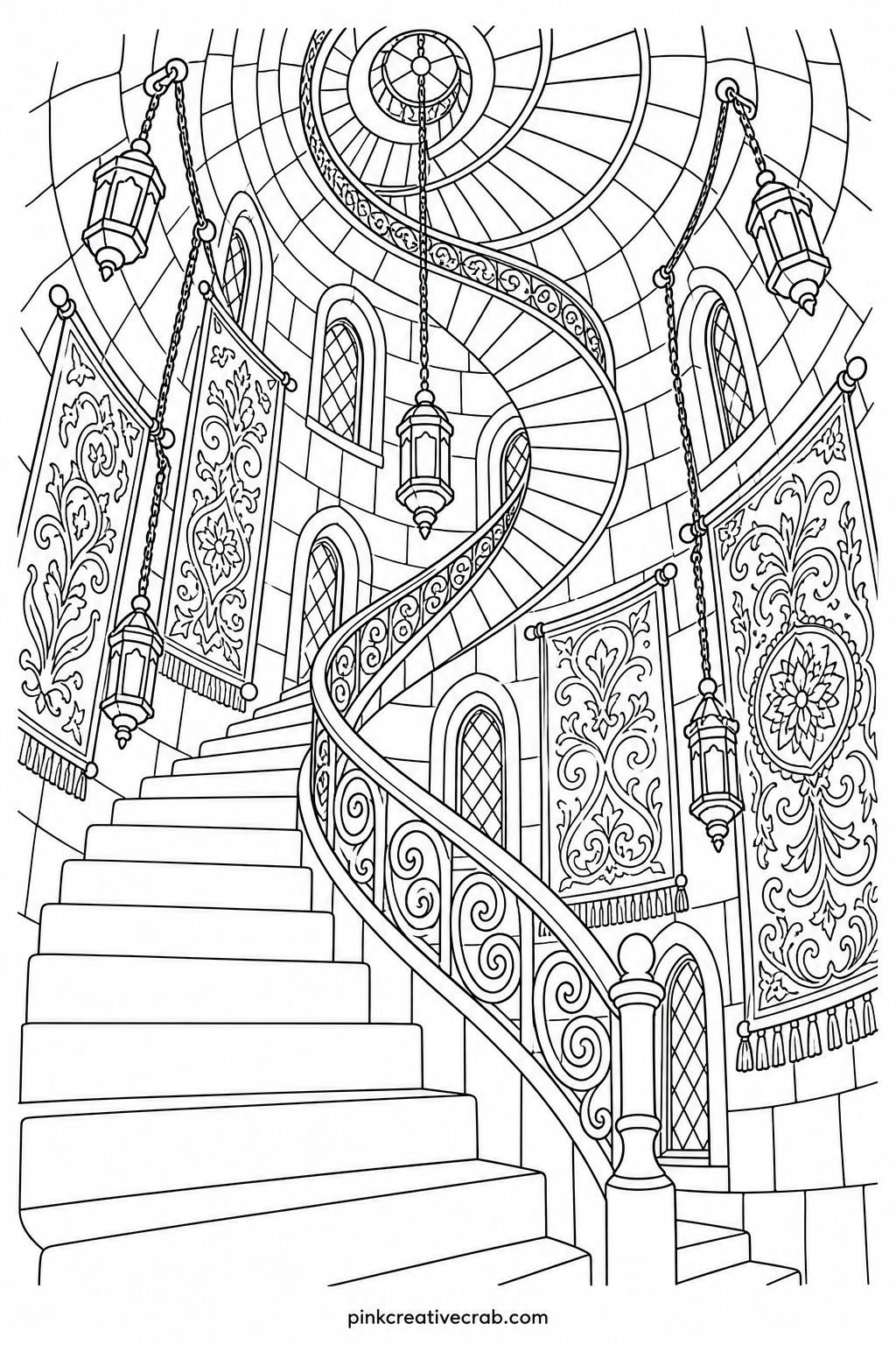 Castle Tower Spiral Staircase printable page — Pair this one with the hoard page above it, since both share a stone and gem theme and look good framed side by