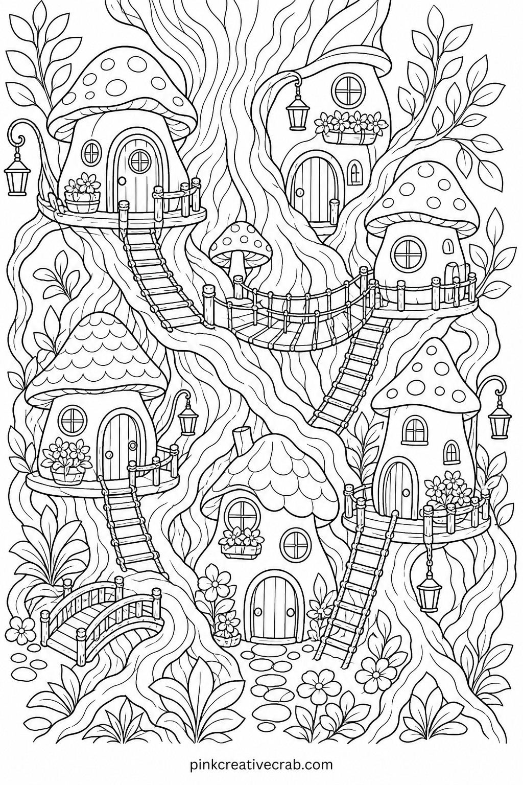 Fairy Village in Tree Roots printable page — Rewards a reader who likes to hunt for small details before committing a single pencil stroke, since the scene