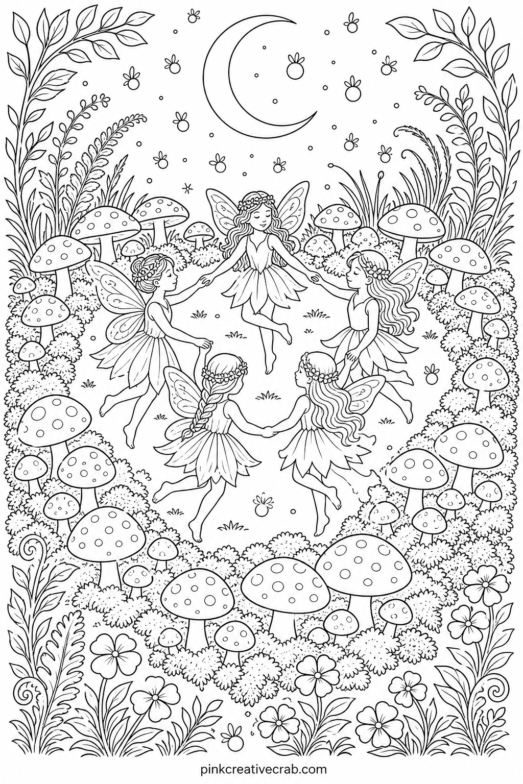 Fairy Ring Under Moonlight printable page — A soft gray or blue pencil on the background mushrooms and leaving the fairies themselves in brighter tones creates