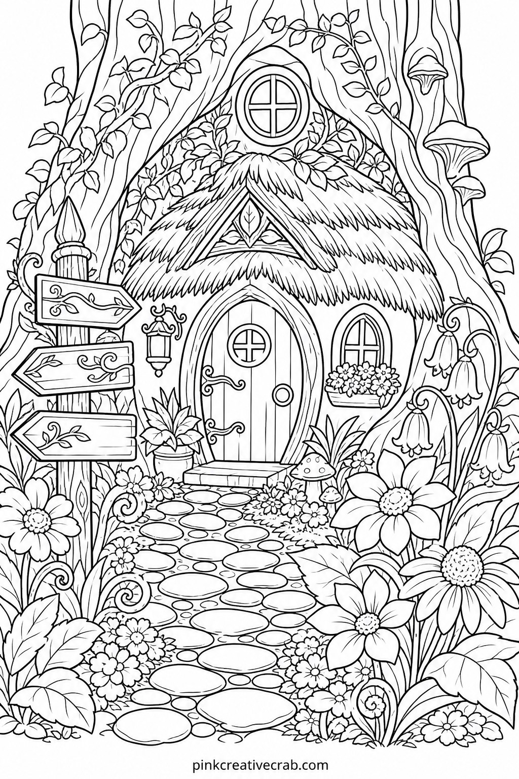 Woodland Elf Cottage printable page — The usual mistake here is rushing the thatched roof texture and losing the pattern halfway across, so mark the roof lines