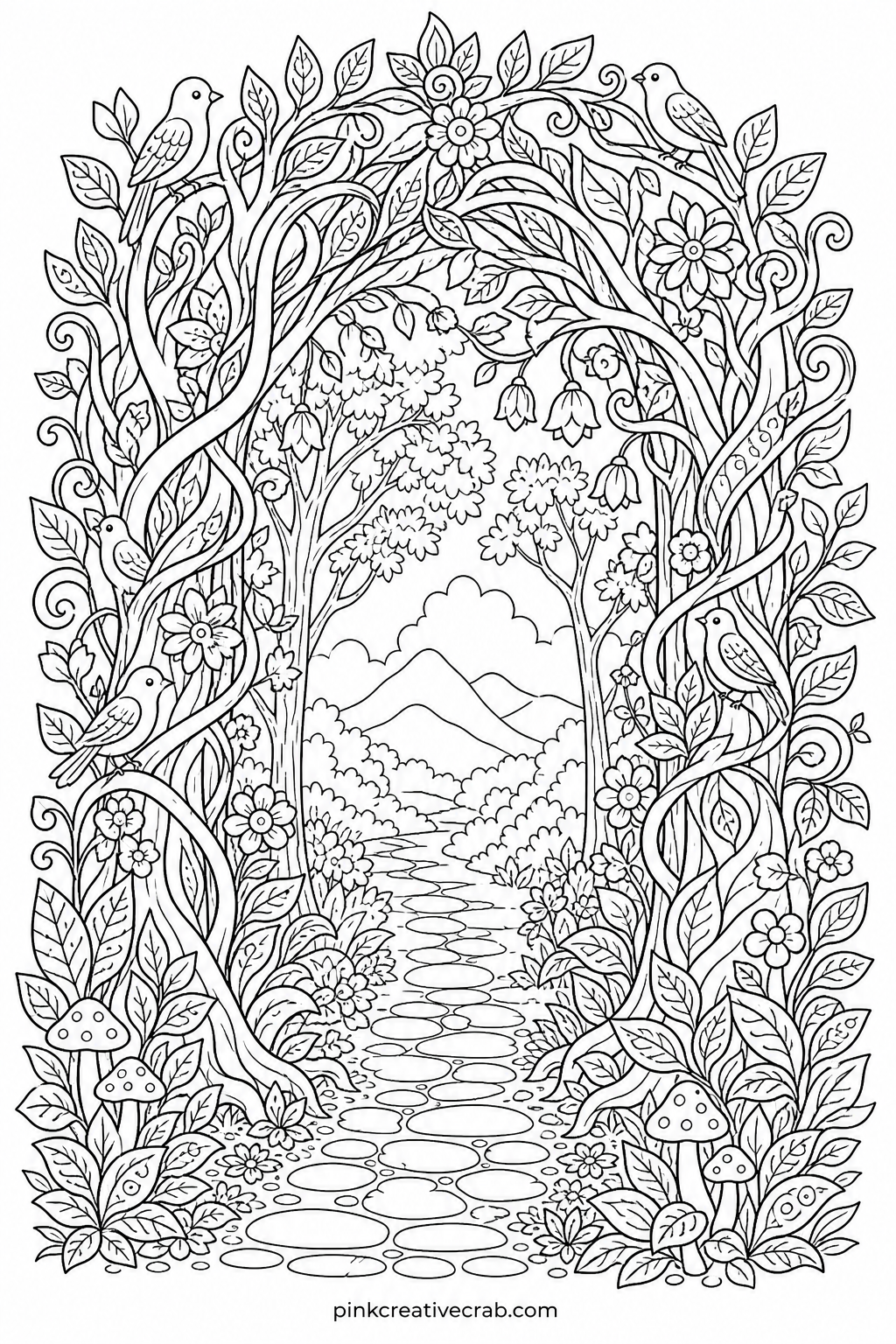 Enchanted Forest Archway printable page — Works well as the cover page of a finished set if you plan to staple or bind your colored pages together, since the